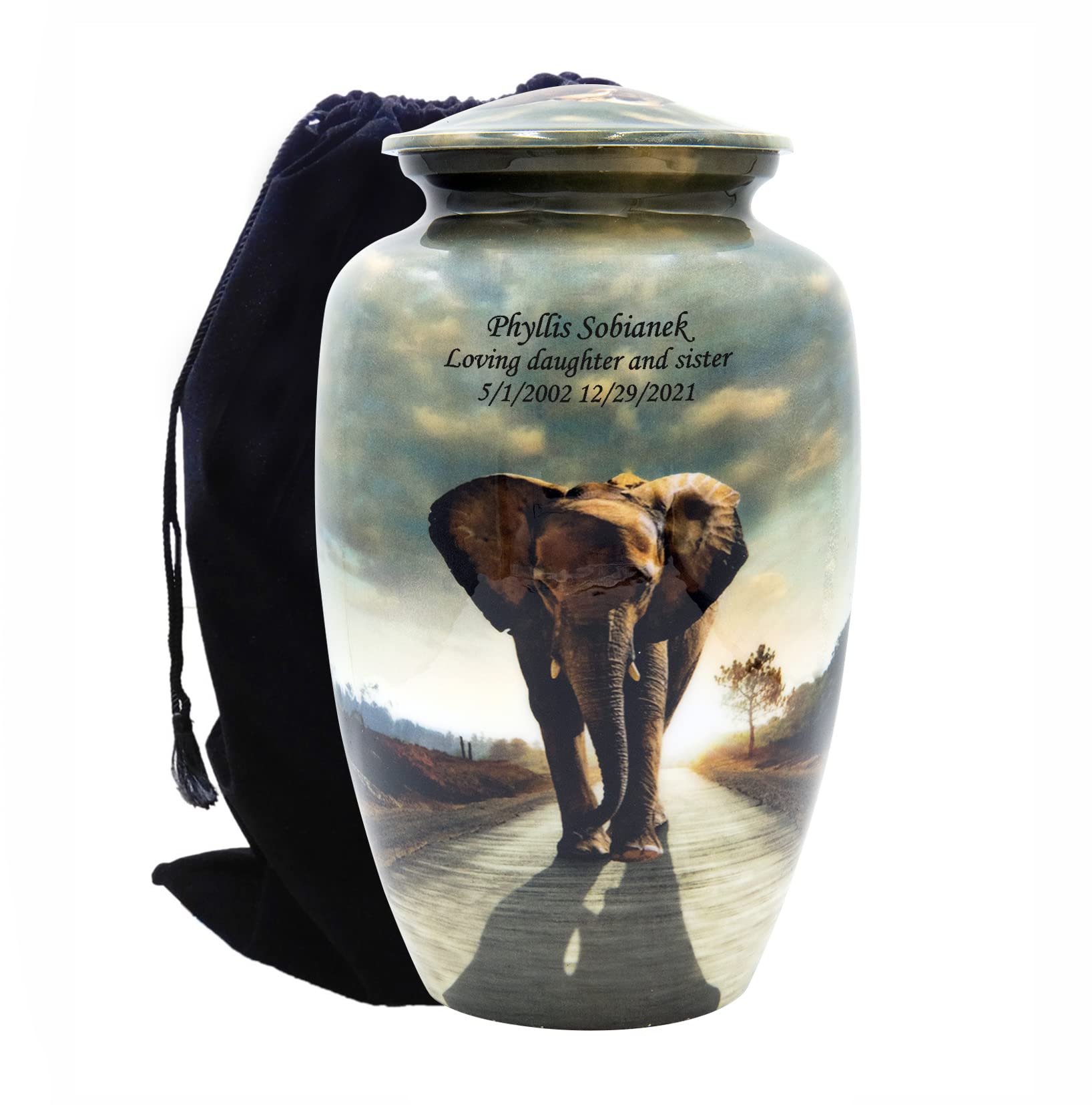 Large Elephant Cremation Urn with Velvet Bag & Custom Engraving - Memorial Keepsake for Ashes, Perfect for Funeral Services & Home Memorial Displays
