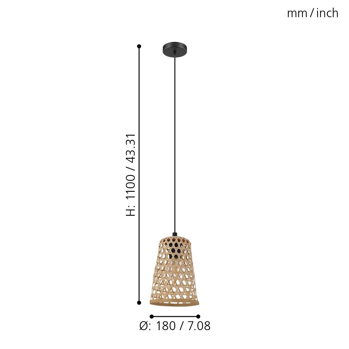 Eglo Claverdon Rattan Wicker Ceiling Pendant Light - Funnel Shaped Natural Fiber Chandelier for Dining Room, Kitchen, or Bedroom Lighting