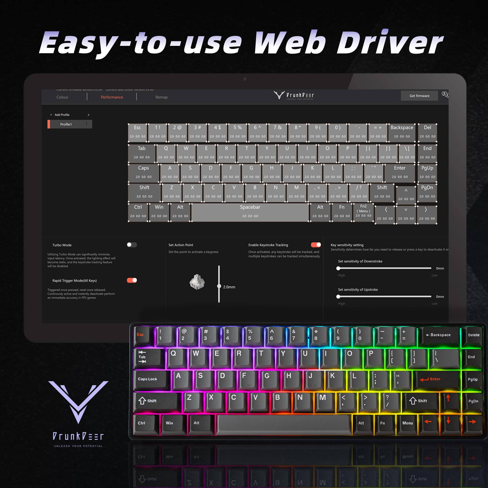 DrunkDeer G65 Rapid Trigger Mechanical Keyboard with Magnetic Switches - 65% Compact 68-Key Wired Gaming Keyboard, RGB Backlit, PBT Keycaps, Ghost Proof Black - Perfect for Competitive Gaming & Office Work