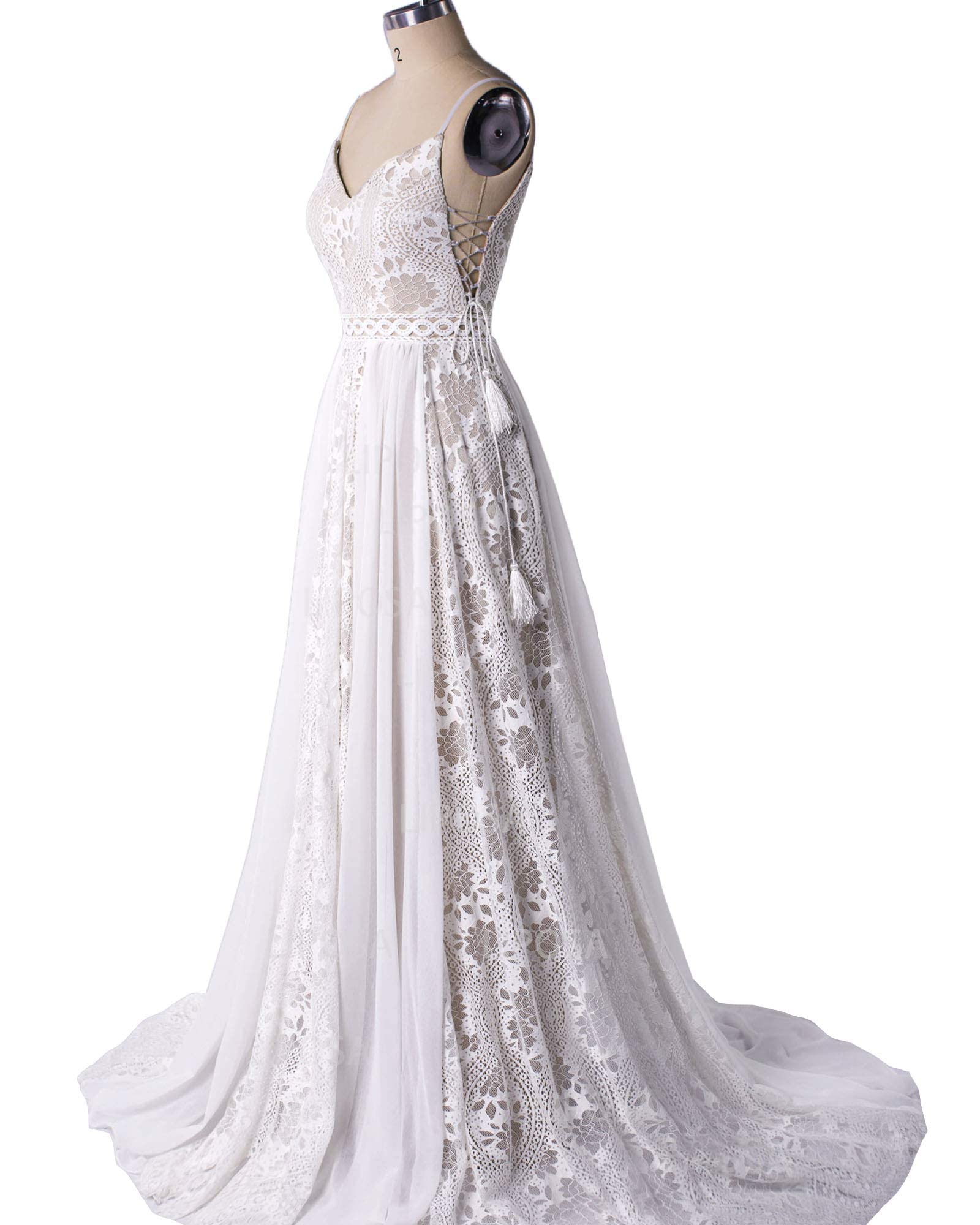 2023 Bohemian Wedding Dresses for Bride - Spaghetti Strap V-Neck Backless Lace Bridal Gown | Summer Beach & Outdoor Ceremony Wedding Dress