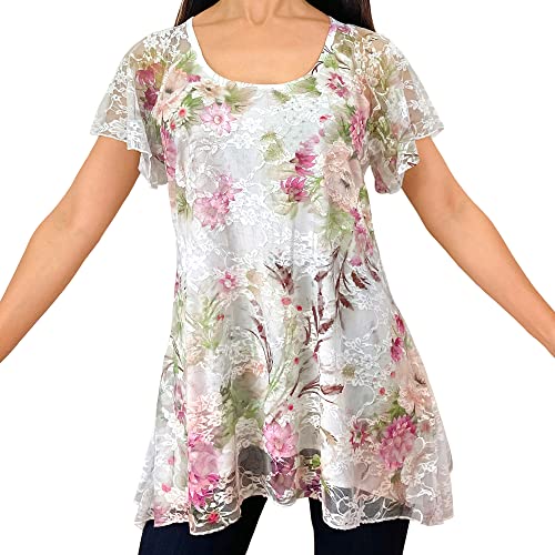 Flutter Short Sleeve - Pink Green Floral/White Stretch Lace