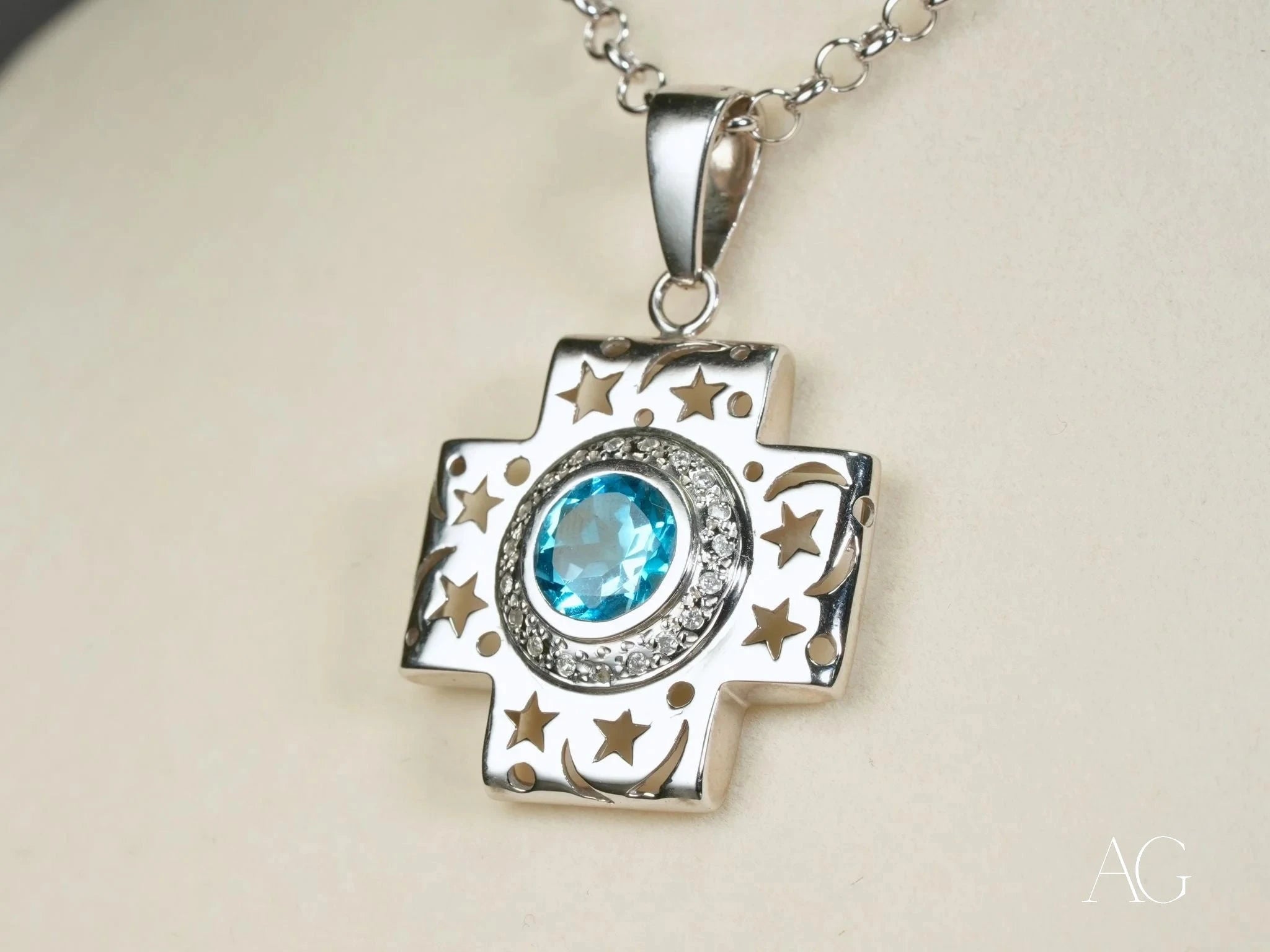 Celestial Cross Blue Topaz & Diamond Pendant Necklace - Elegant Jewelry for Women, Gifts for Christmas, Baptism, Confirmation & Special Occasions