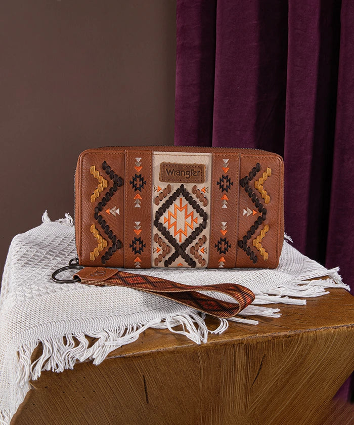 Wrangler Aztec Embroidered Whipstitch Wristlet - Stylish Leather Bracelet for Women - Perfect for Western Fashion, Boho Outfits & Festival Wear