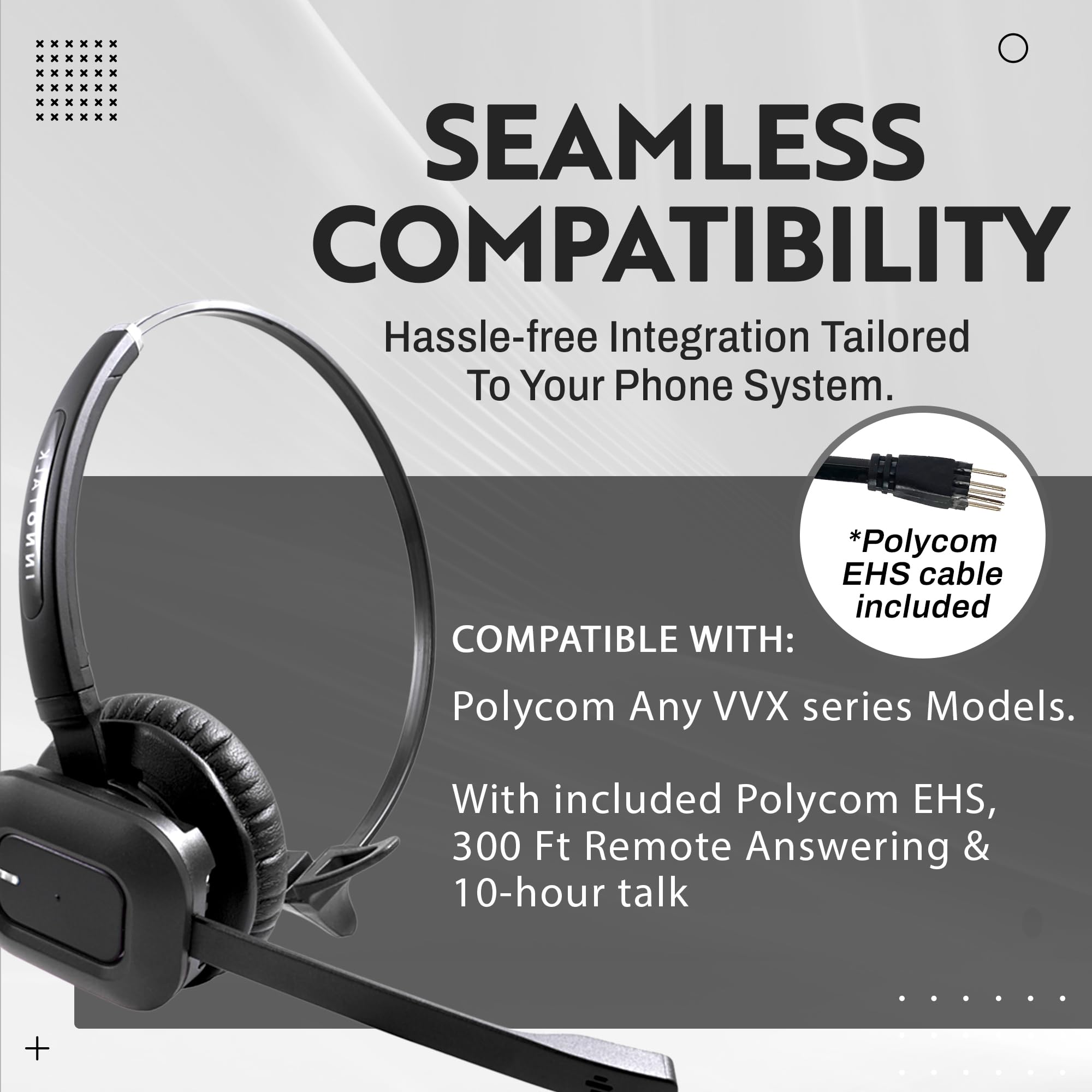 INNOTALK Wireless Headphone for Polycom VVX Series (VVX150/250/350/450/500/600/1500) - Noise Cancelling Office Headset with Remote Answering for Call Center, Business & Home Use