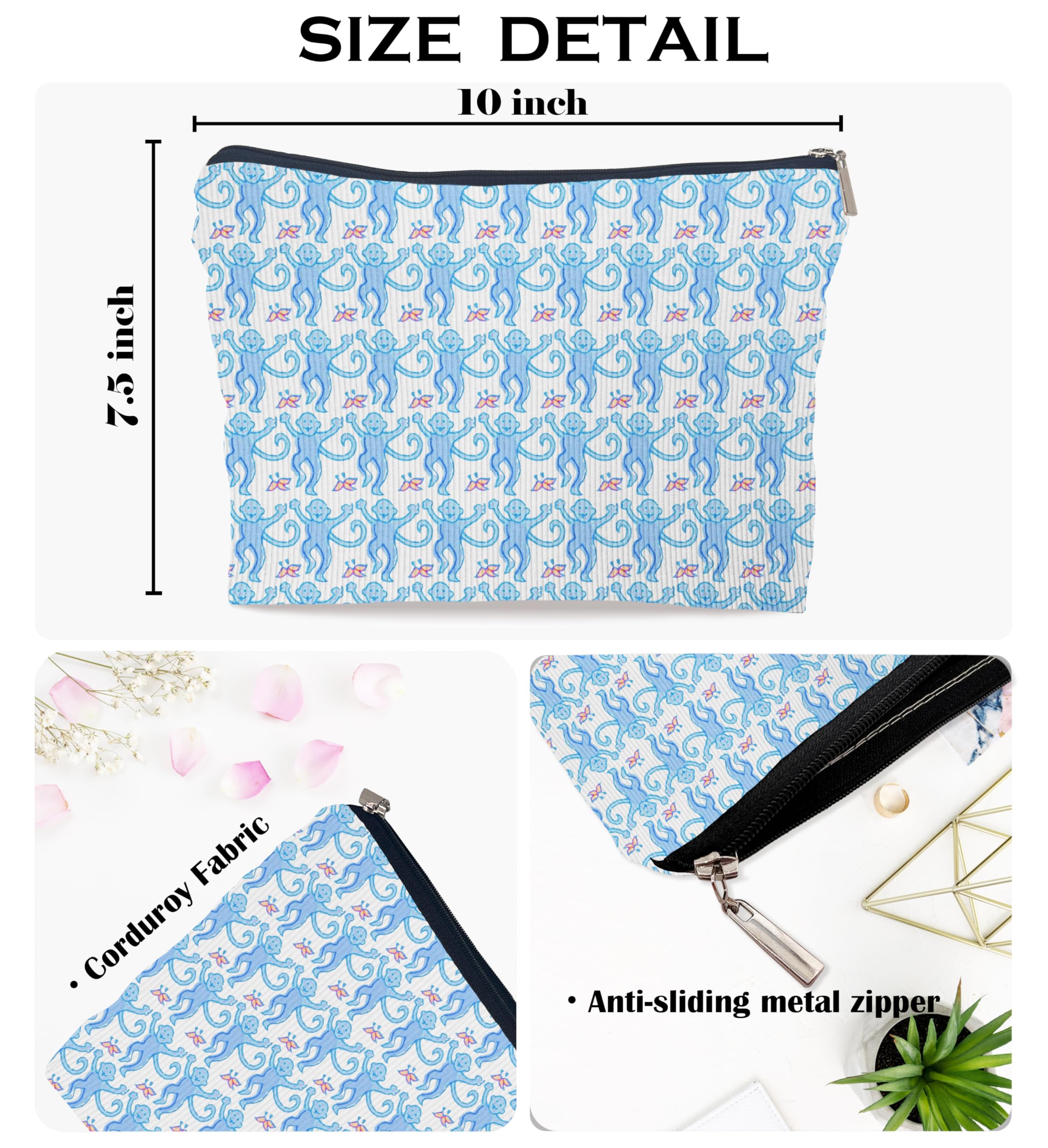 **Ayxvt Preppy Corduroy Makeup Bag for Women | Pink & Blue Zippered Travel Toiletry Pouch | Cute Gifts for Teen Girls & Monkey Lovers | Perfect for Travel, Gym & Daily Cosmetics Storage**