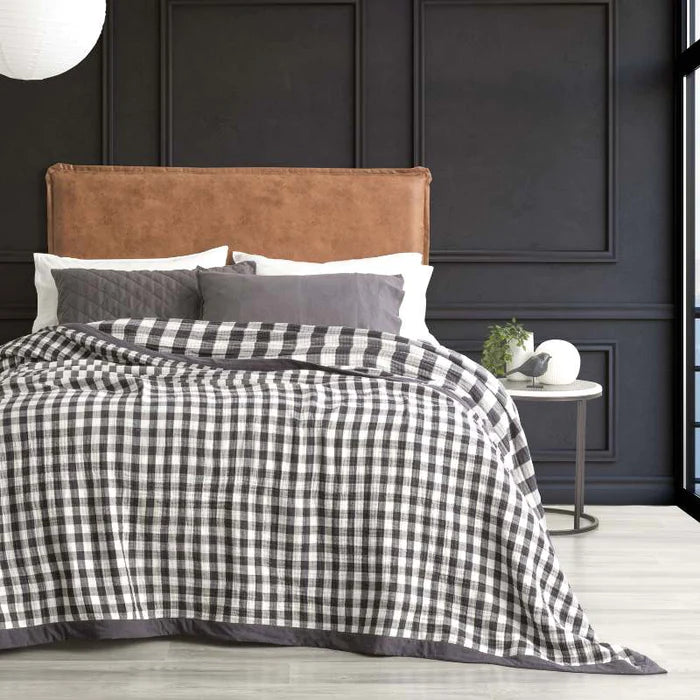 Renee Taylor ASH Gingham Washed Cotton Textured Blanket - Soft & Cozy Throw for Bed, Sofa, and Outdoor Picnics