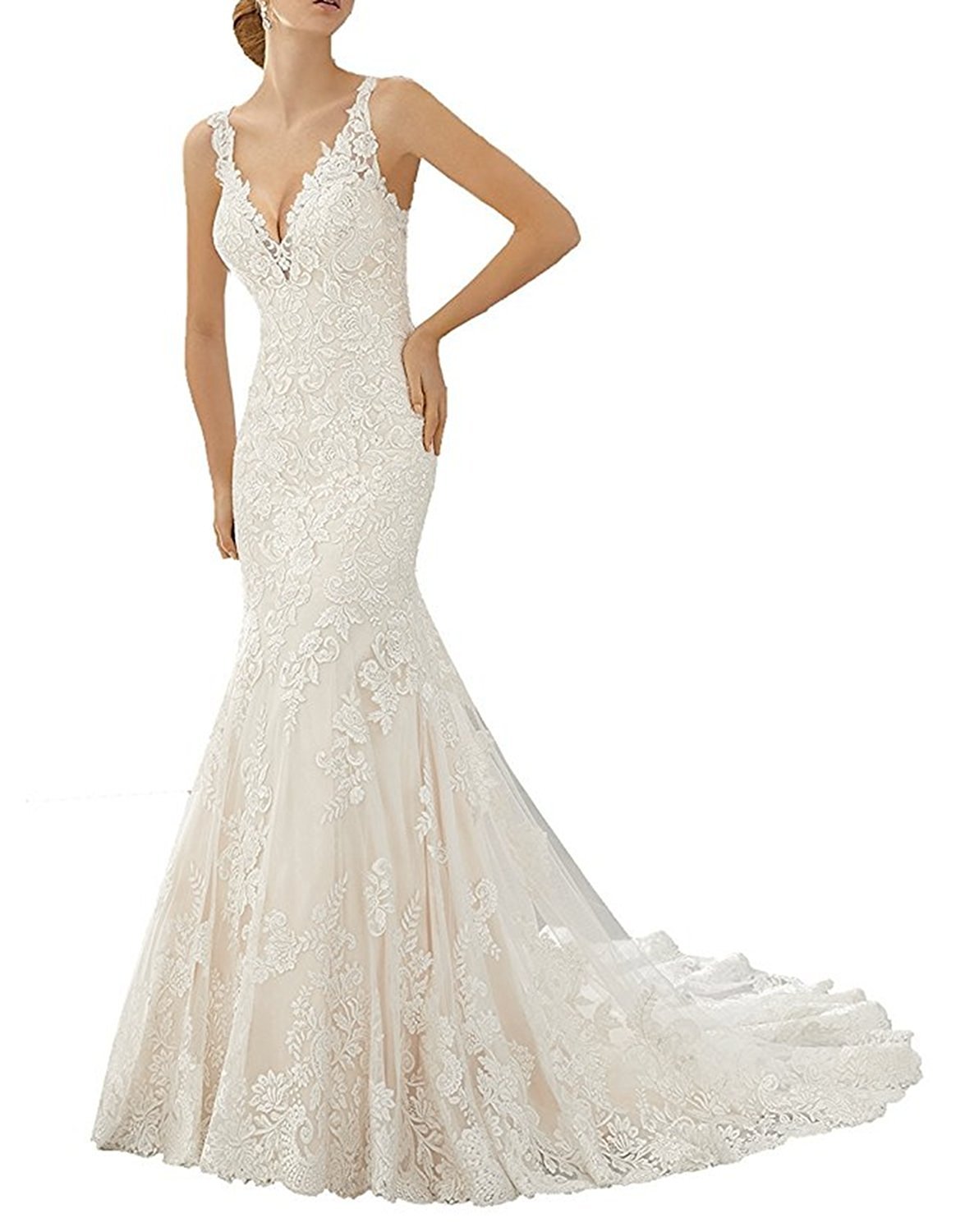 Elegant White Floral Lace V-Neck Mermaid Wedding Dress with Open Back - Size 4 for Bride | Perfect for Beach, Church, and Formal Wedding Ceremonies