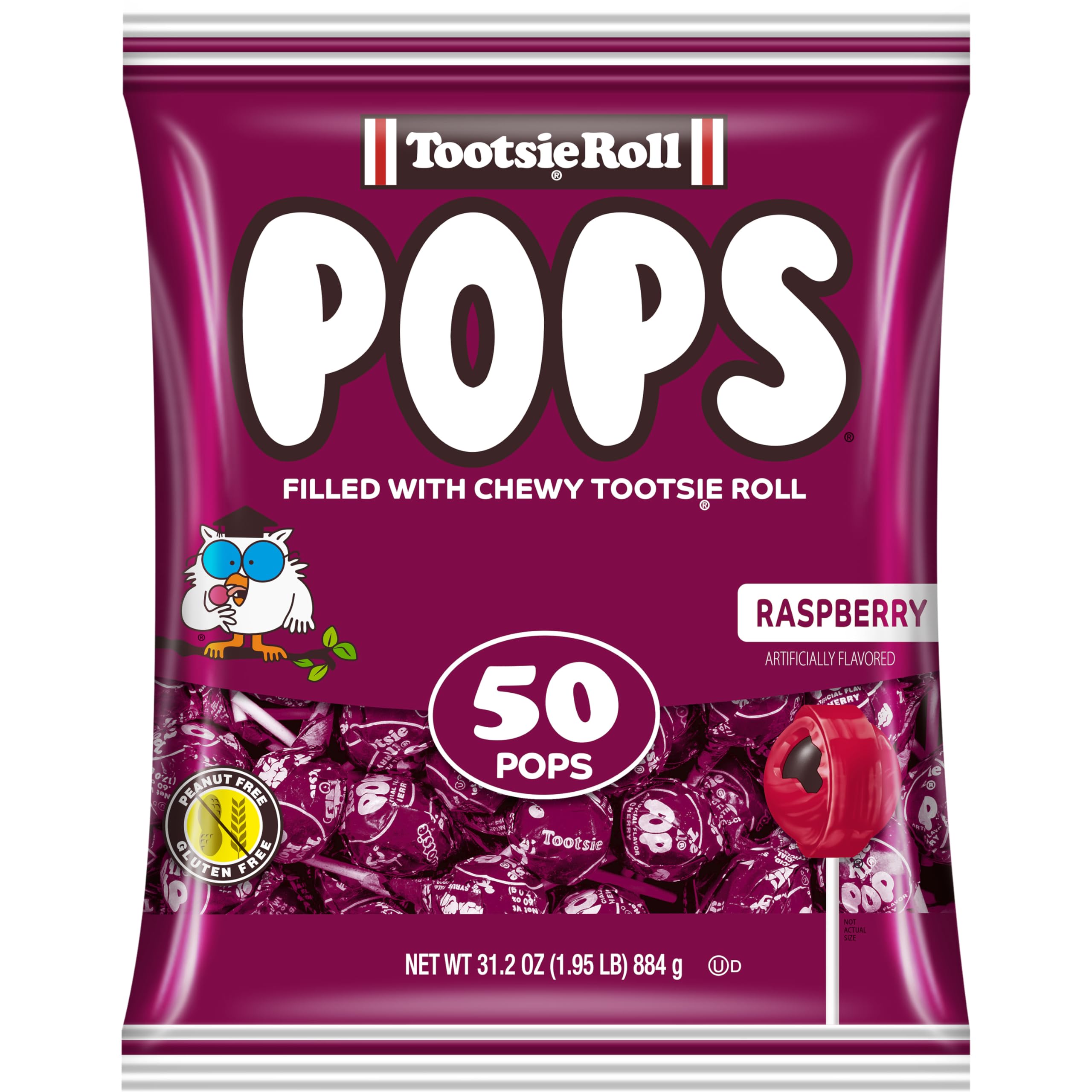 Tootsie Pops Raspberry Flavored Lollipops with Chocolate Center - 50 Individually Wrapped Hard Candies (Peanut Free, Gluten Free) - Perfect for Halloween Treats, Party Favors & Office Snacks