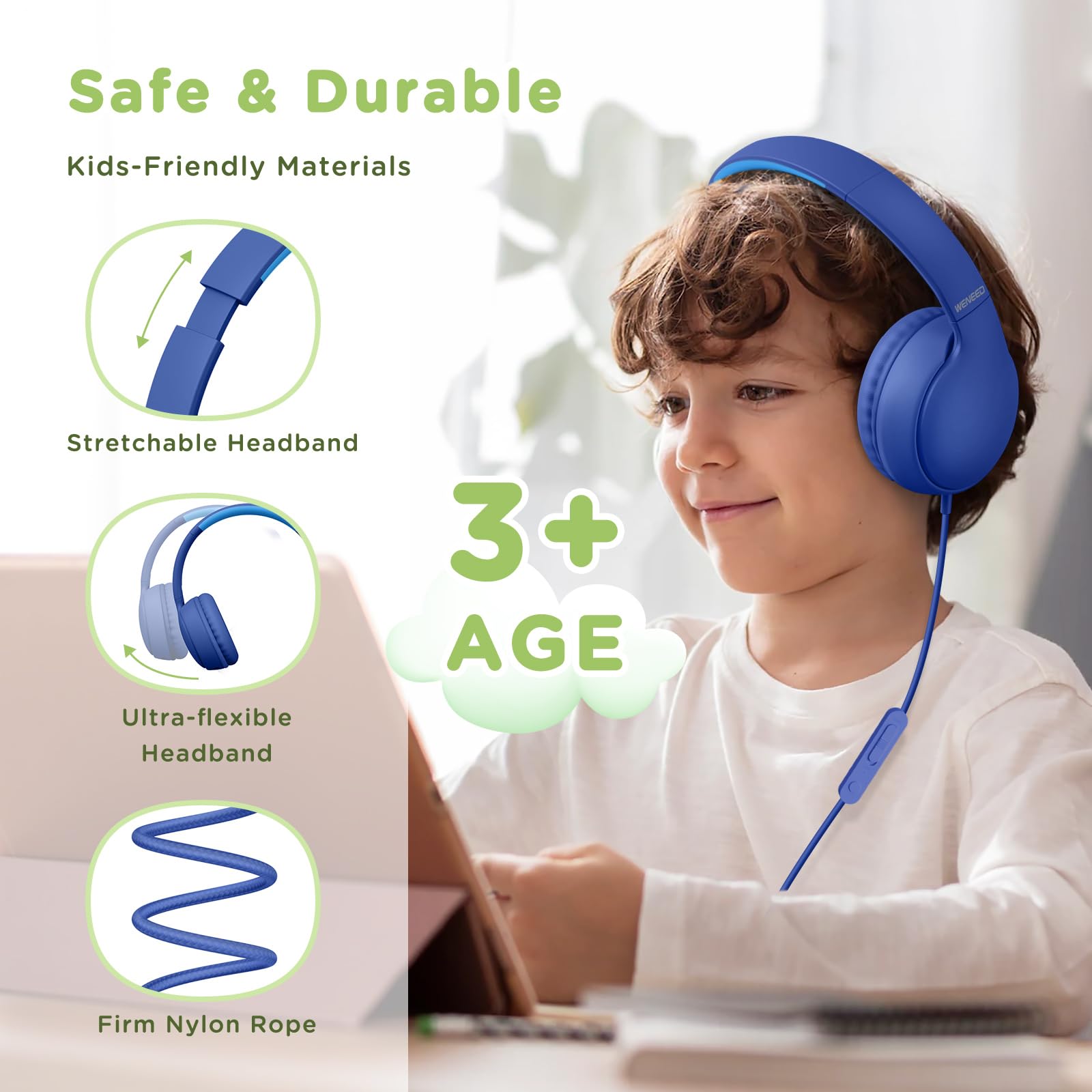 Kids Wired Headphones with Microphone - 85/94dB Volume Limited Over-Ear Headphones for Children | Stereo Sound, Foldable Design & Share Port | Safe for School, Travel & Home Use (Blue)