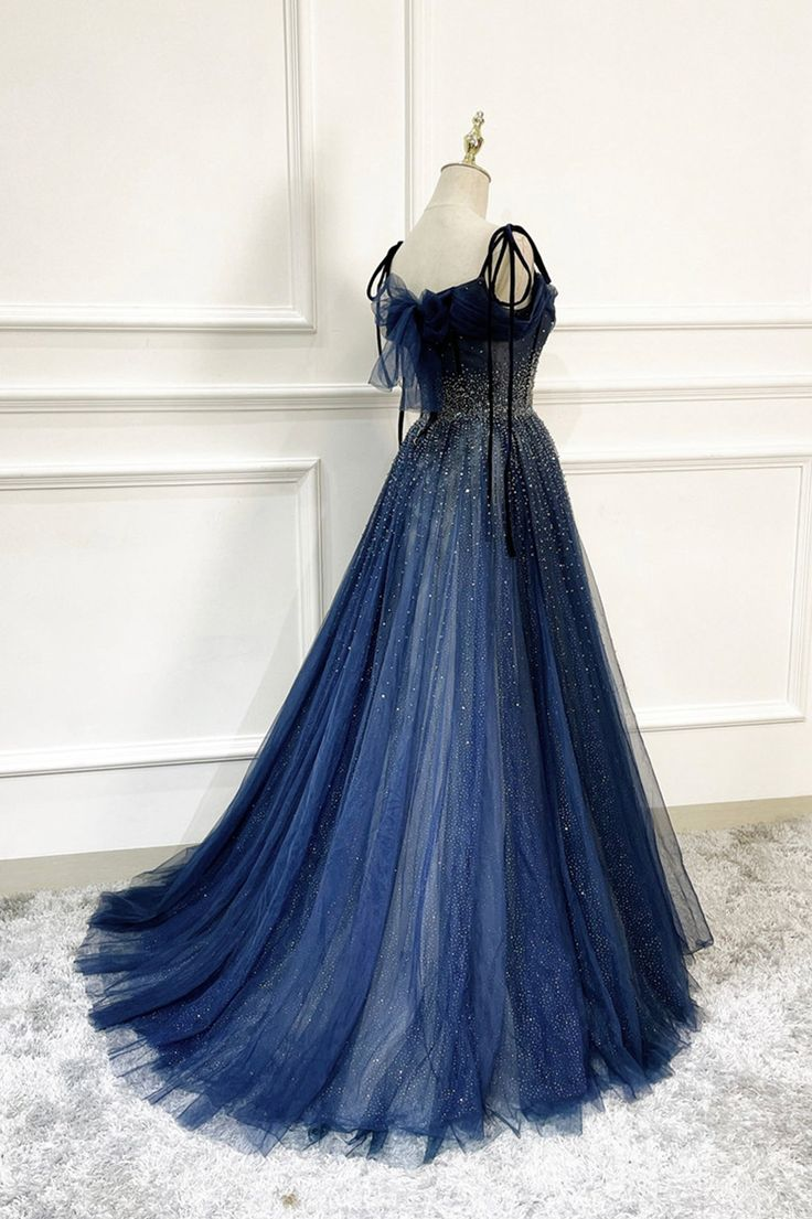 Elegant Dark Blue Tulle Sequin Long Prom Dress A-Line Formal Gown for Homecoming, Quinceañera & Evening Parties - J2635 | Perfect for Prom Night, Birthday Celebrations & Special Occasions