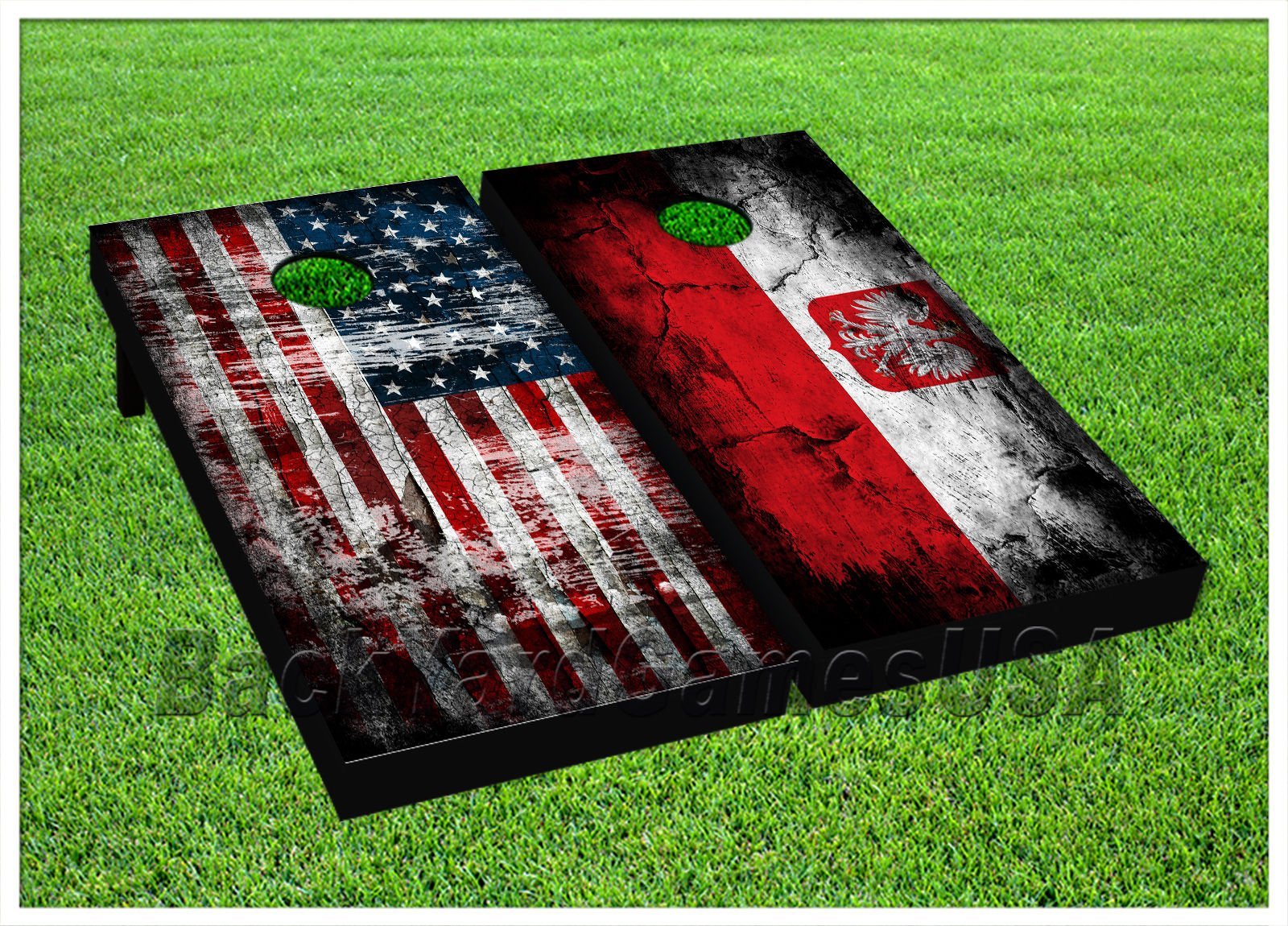 Cornhole Bean Bag Toss Game Set with 8 Boards & 12 Bags - USA Polish Flags Design - Outdoor Lawn Games for Backyard, Tailgating, and Parties