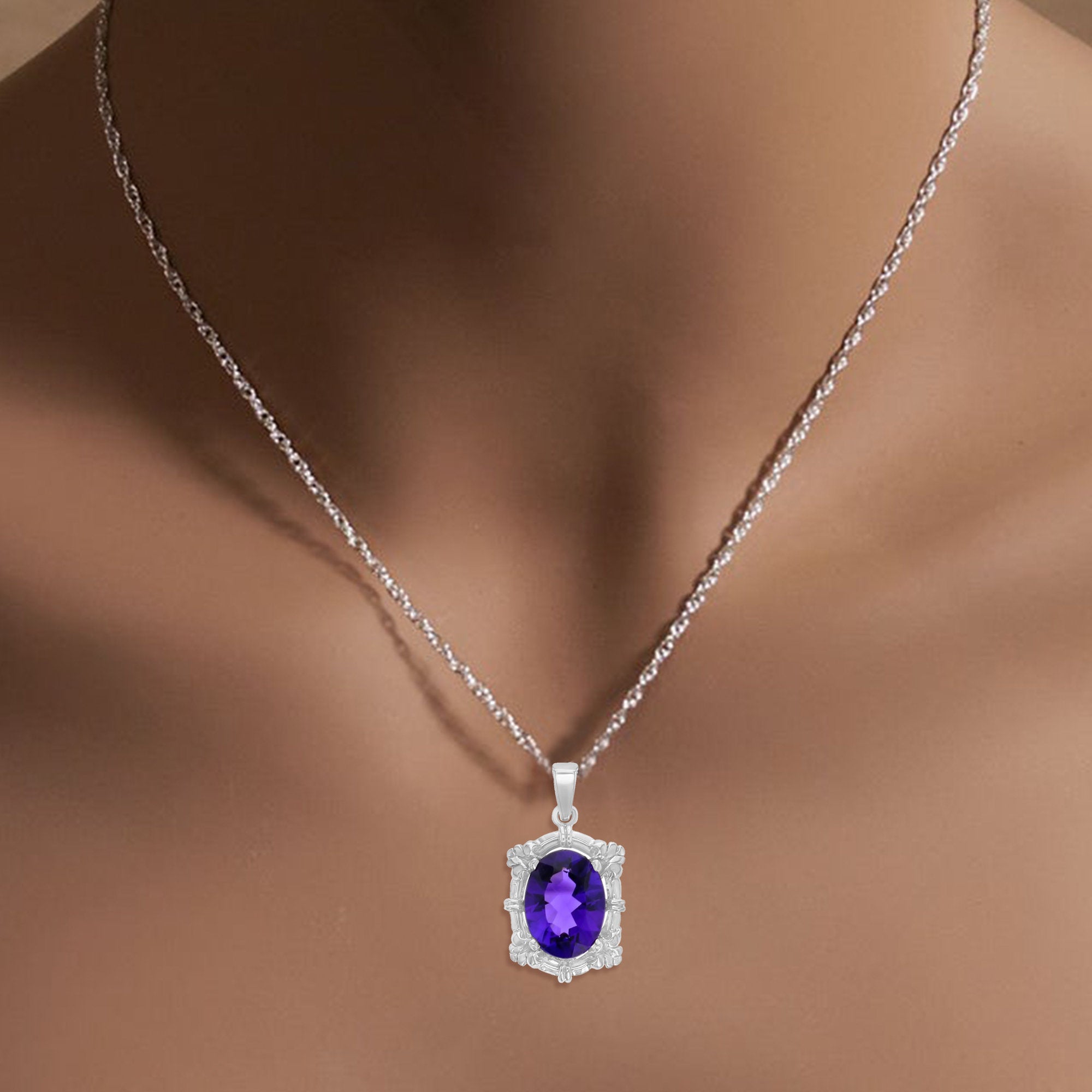 7 Carat Natural Amethyst Pendant Necklace in 14K White Gold - Elegant Jewelry Gift for Women, Perfect for Weddings, Anniversaries & Special Occasions