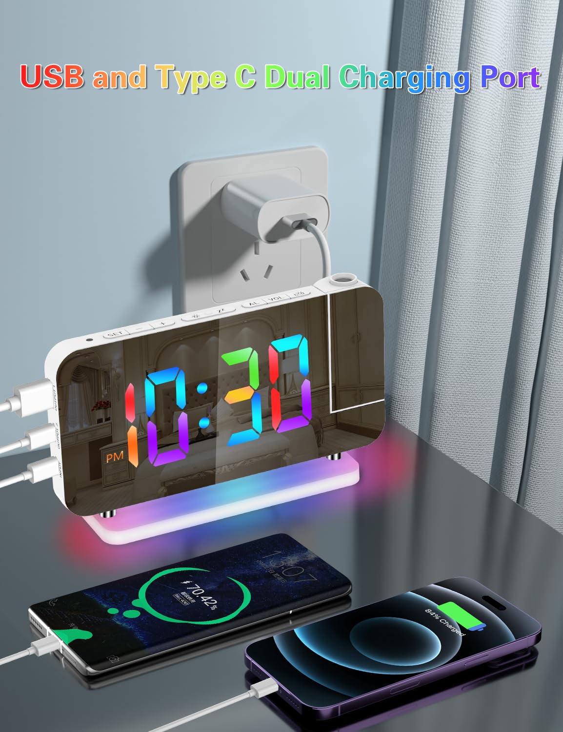 Digital Projection Alarm Clock with 180° Rotatable Projector & RGB Night Light - Auto Dimmer, Snooze, 12/24H Format, Dual USB Charger Ports - Perfect LED Desk Clock for Bedroom, Home Office & Nightstand