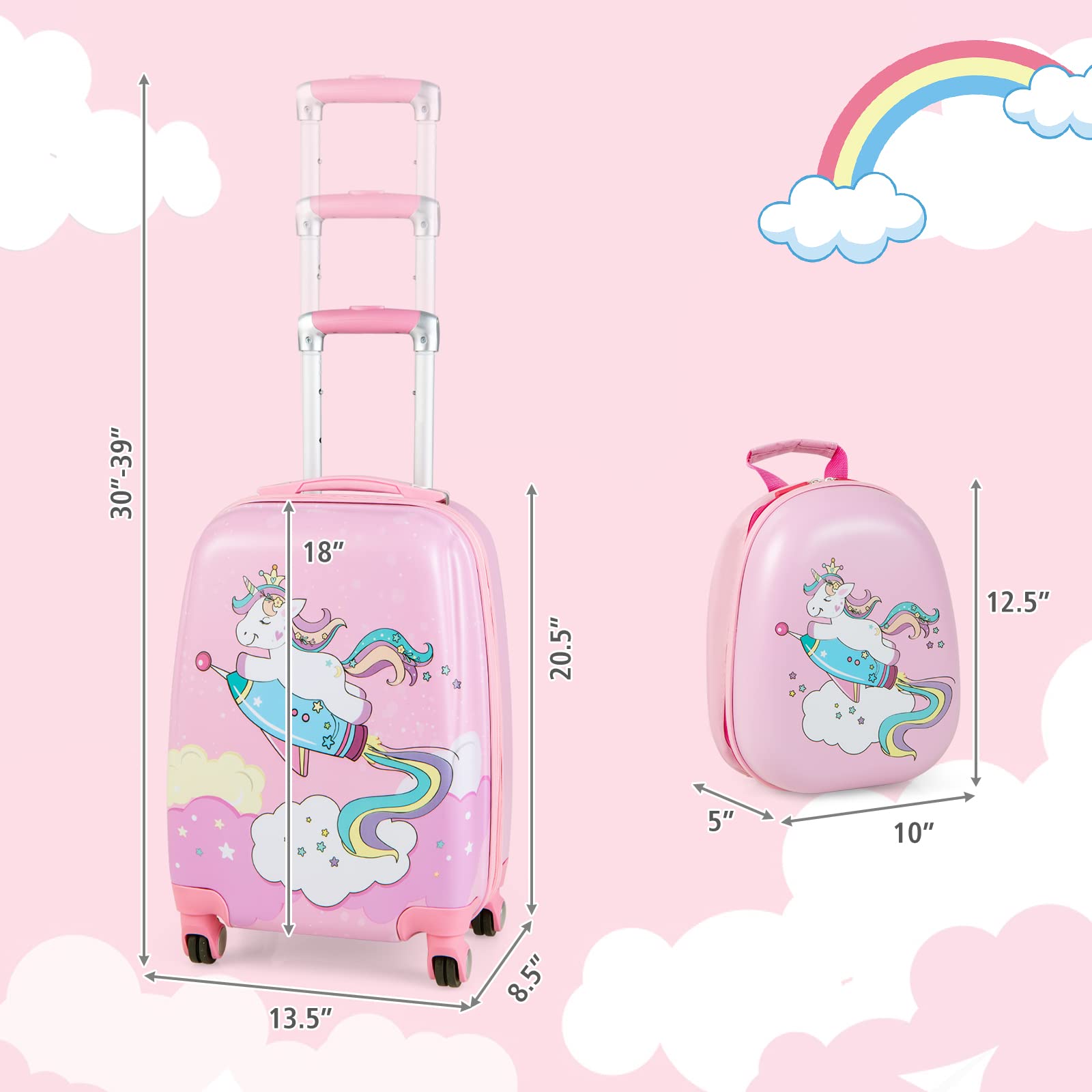 GYMAX 2-Piece Kids Carry-On Luggage Set with 4 Spinner Wheels - 12