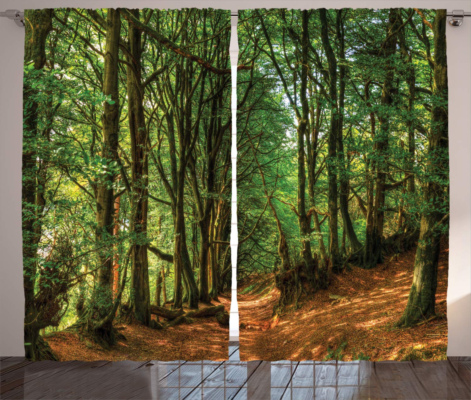 Ambesonne Woodland Forest Curtains - 2 Panel Set with Trees, Pathway & Greenery Design, 108