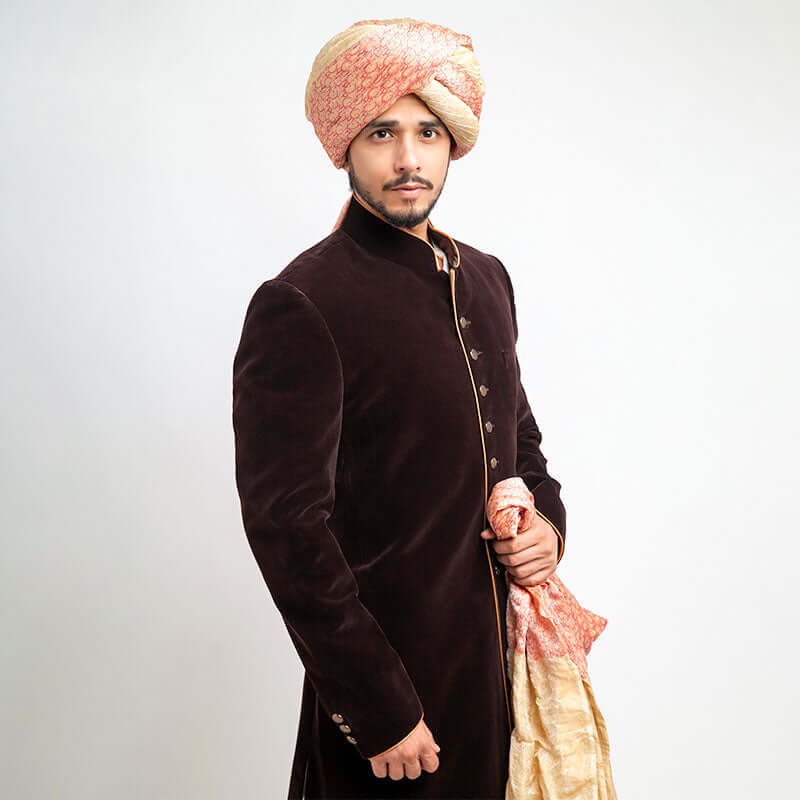 Deep Chocolate Brown Cocktail Velvet Sherwani for Men | Slim Fit Formal Wear | Perfect for Weddings, Parties & Special Occasions