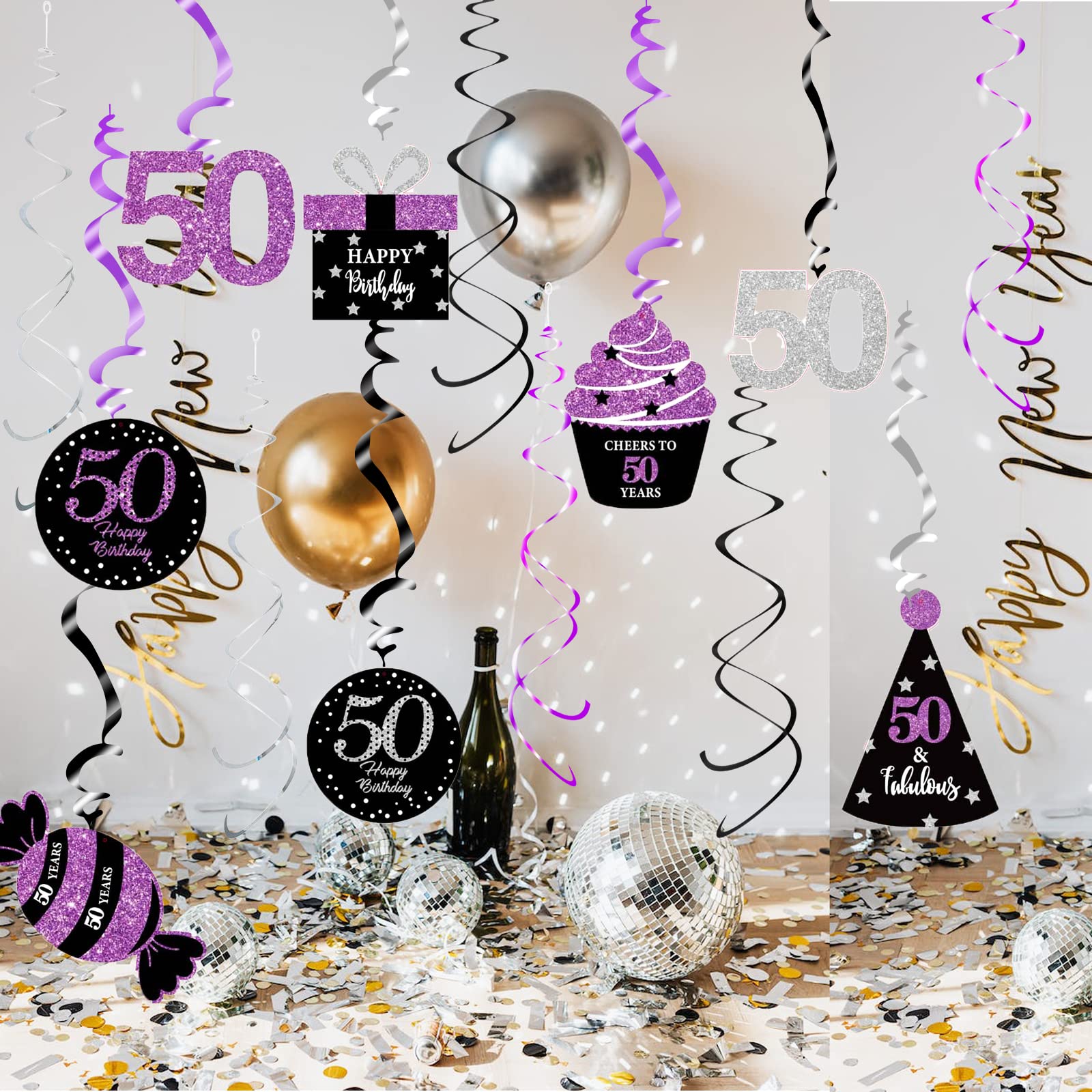 50th Birthday Party Decorations for Women - Purple, Silver & Black Foil Hanging Swirls | Elegant Women's 50th Birthday Party Supplies | Perfect for Milestone Celebrations, Photo Backdrops & Venue Decorations