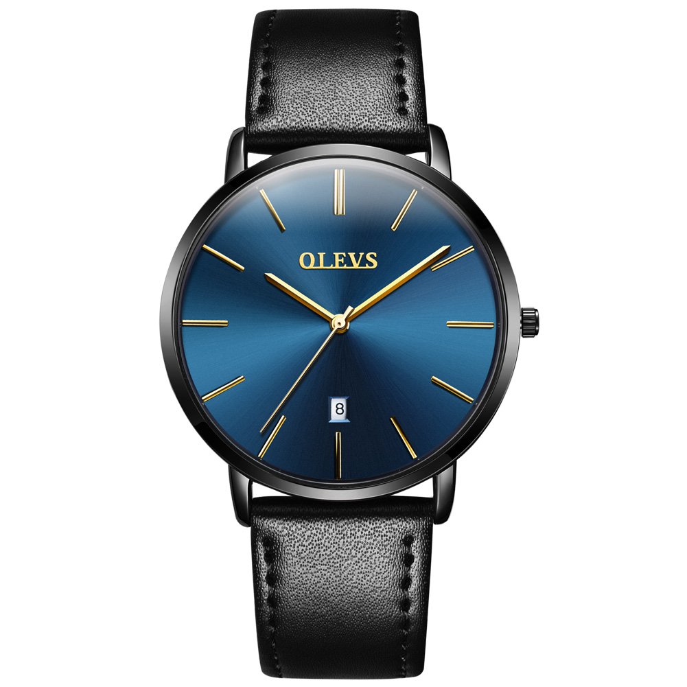 OLEVS 6.5mm Ultra-Thin Men's Watch - Slim Minimalist Analog Quartz Wristwatch with Date Window & Leather Strap, Waterproof for Daily Wear - Perfect for Office, Business, Casual & Formal Occasions