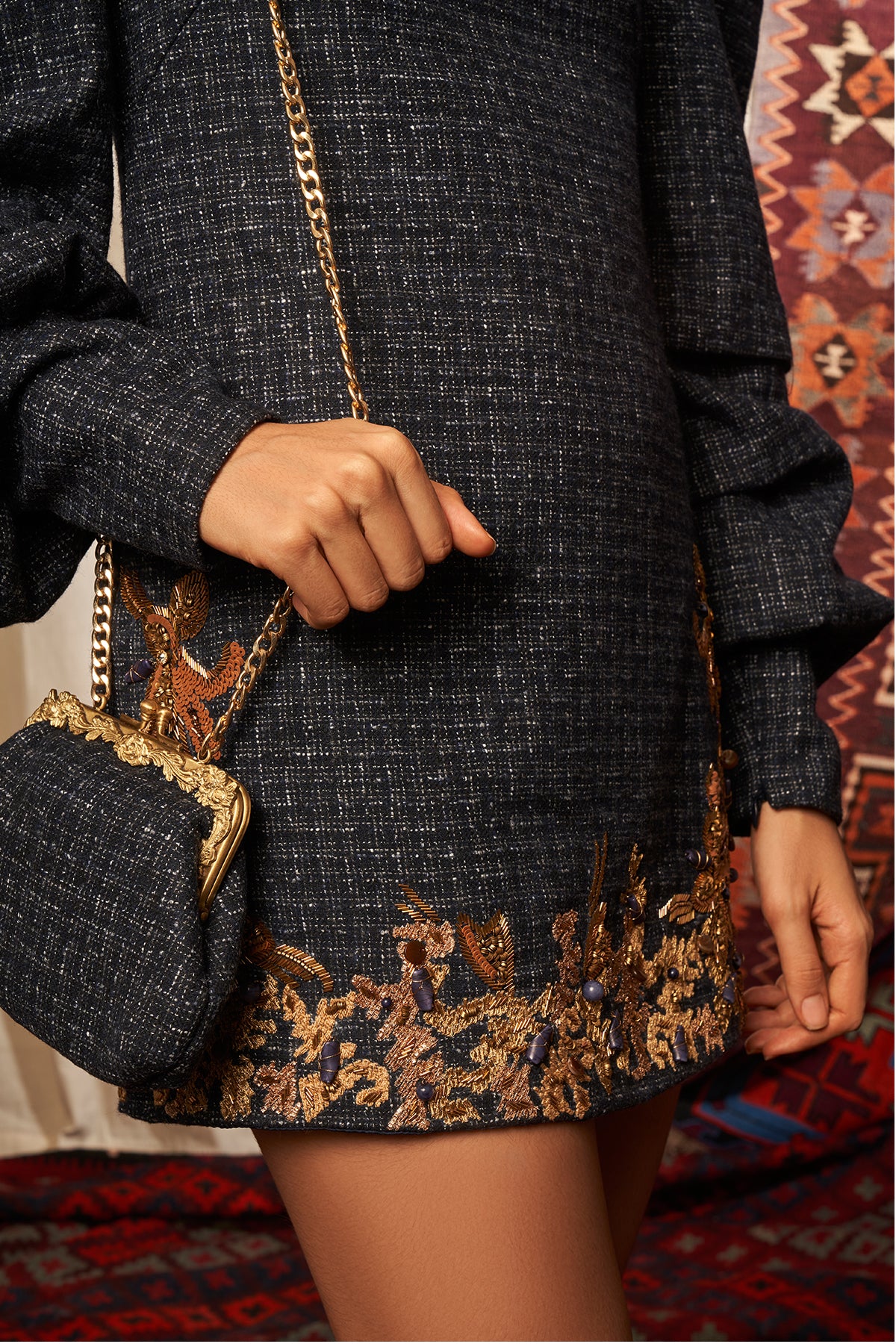 Elegant Navy Blue Tweed Dress with Exquisite Baroque Embroidery - Perfect for Office Wear, Cocktail Parties & Special Occasions