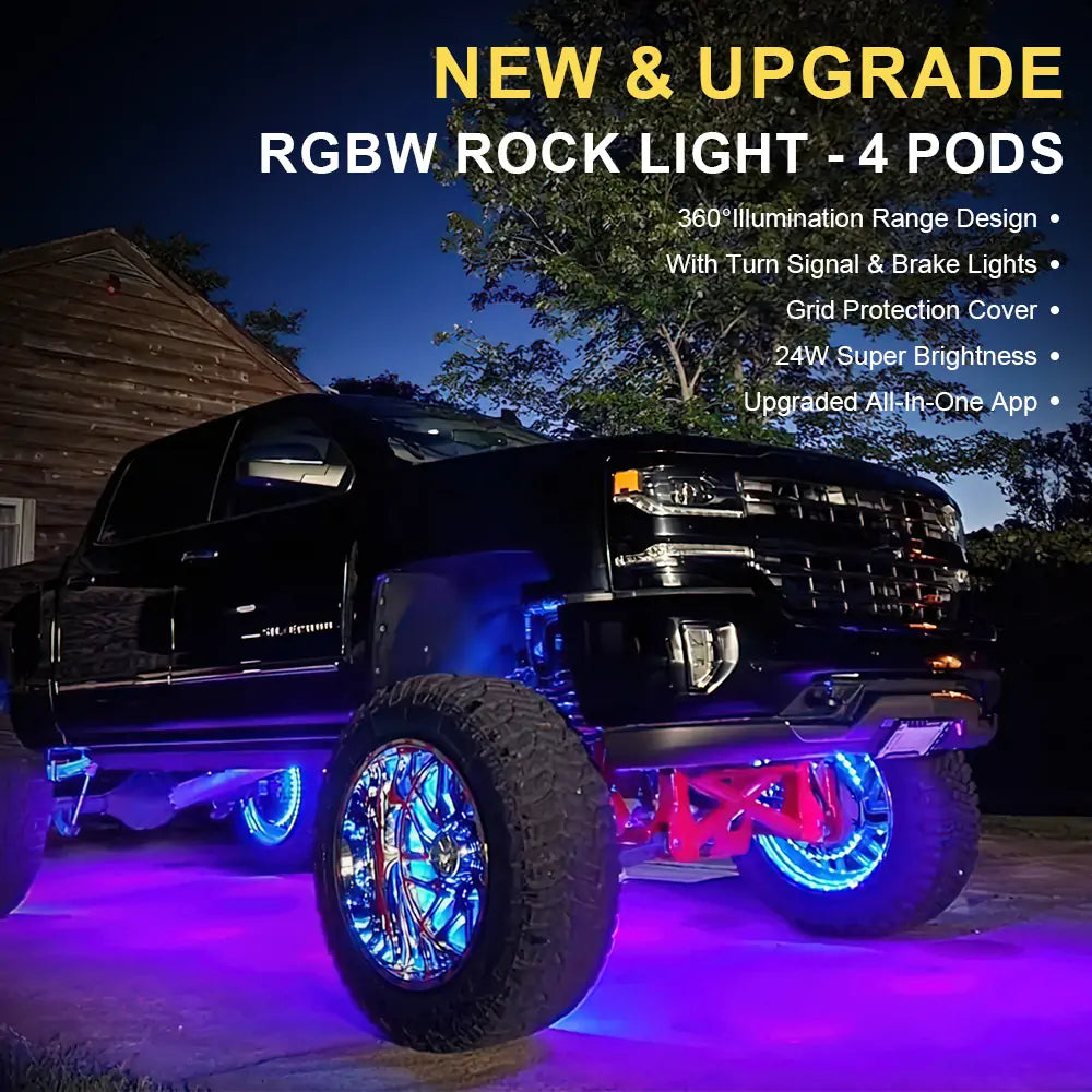 4 Pods RGBW LED Rock Lights - LOYO Upgraded Multicolor Underglow Neon Lights with Bluetooth Controller & Music Sync | Perfect for Off-Road Trucks, Jeeps, ATVs & Car Customization