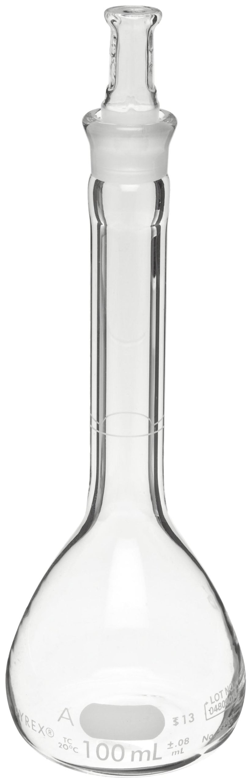 Corning Pyrex 5640-100 Borosilicate Glass 100mL Volumetric Flask with Standard Taper Stopper - Class A, Heavy Duty, Flat Bottom, ±0.08mL Accuracy (Pack of 6) - Ideal for Chemistry Labs, Scientific Research & Precise Liquid Measurements