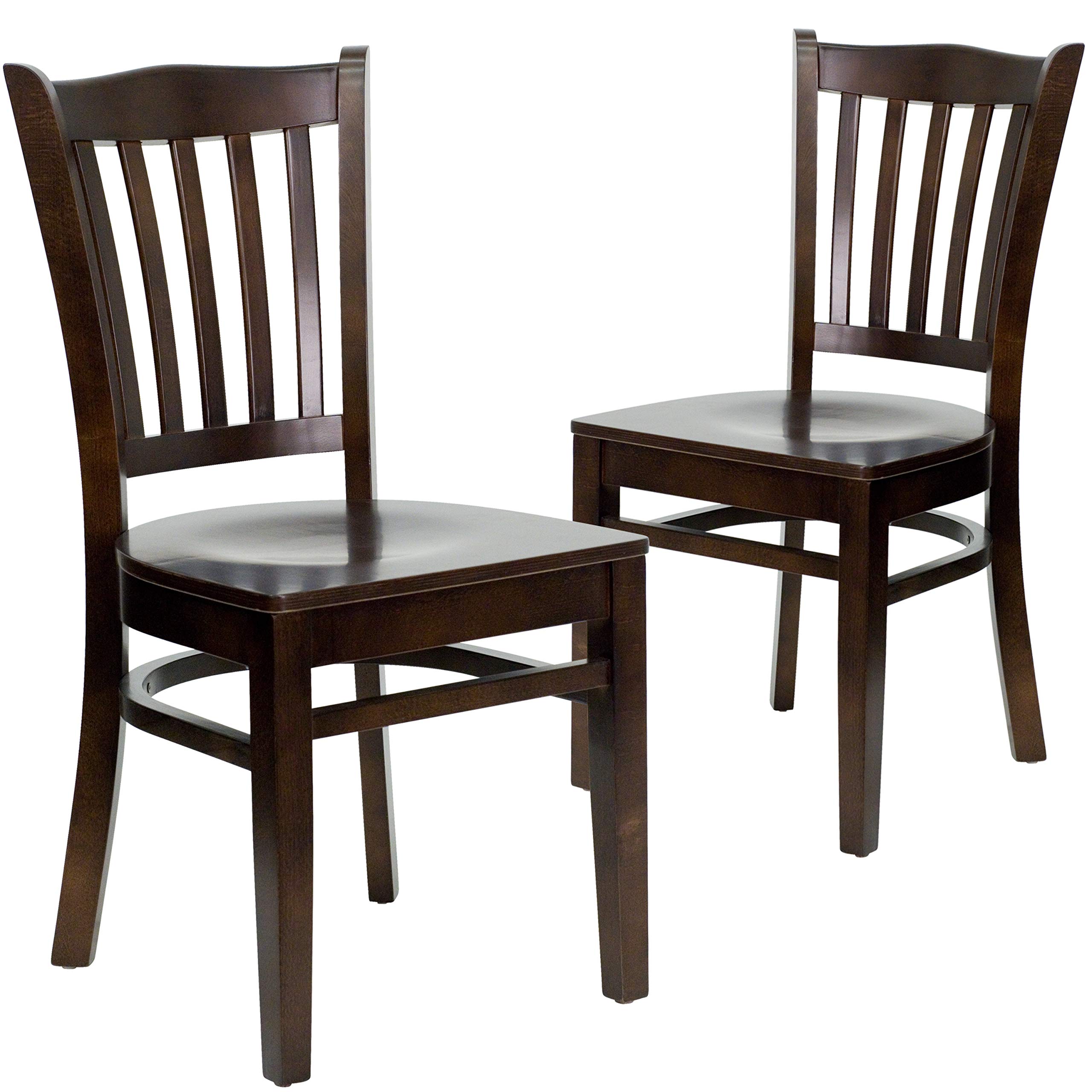 2 Pack Walnut Wood Vertical Slat Back Restaurant Chairs - Durable Hospitality Seating for Dining Rooms, Cafes & Commercial Use