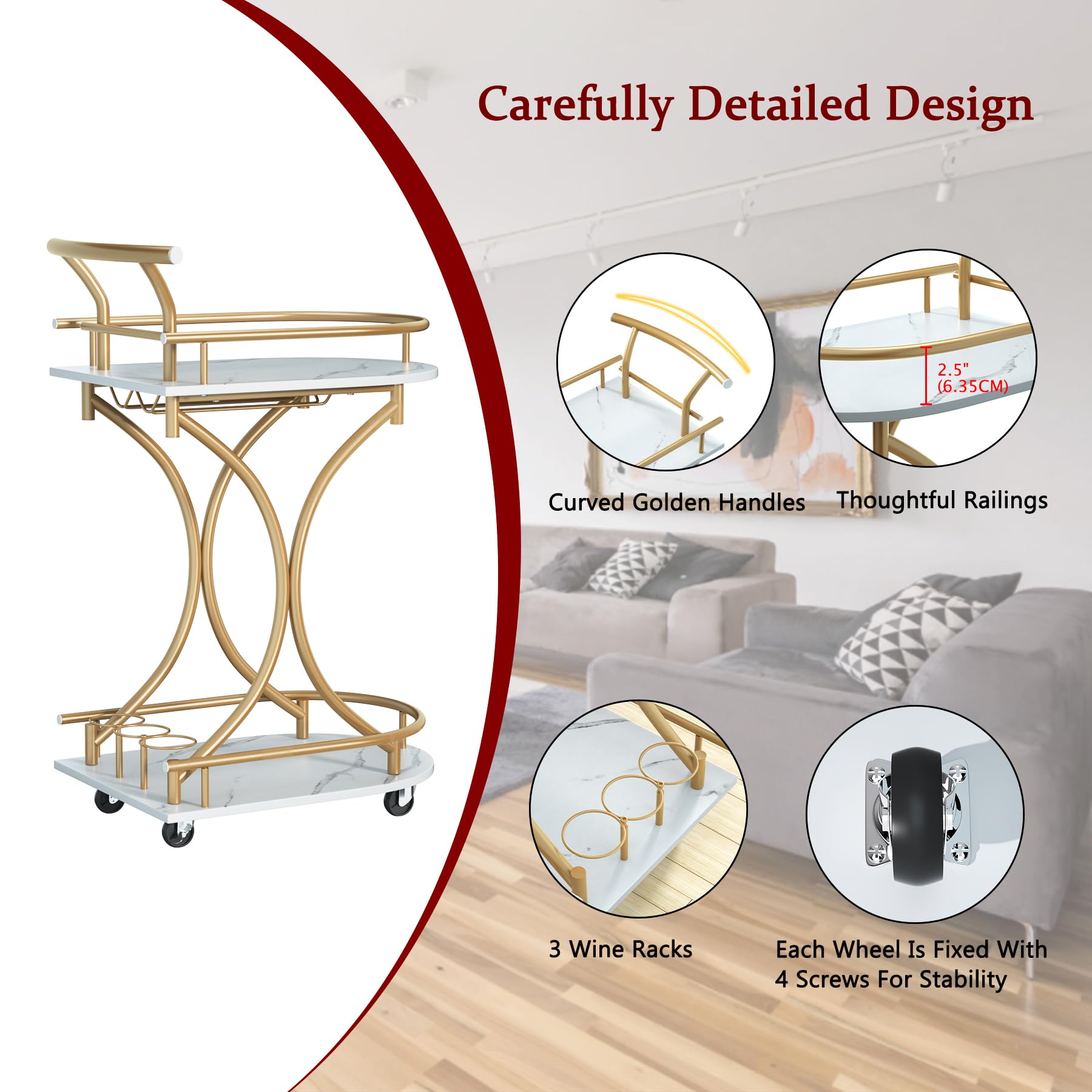 2-Tier Gold Rolling Bar Cart with Wheels & Handle - Curved Anti-Collision Design, Wine Rack & Glass Holder - Mobile Serving Cart for Kitchen, Dining Room, Living Room, Home Bar & Party Entertaining