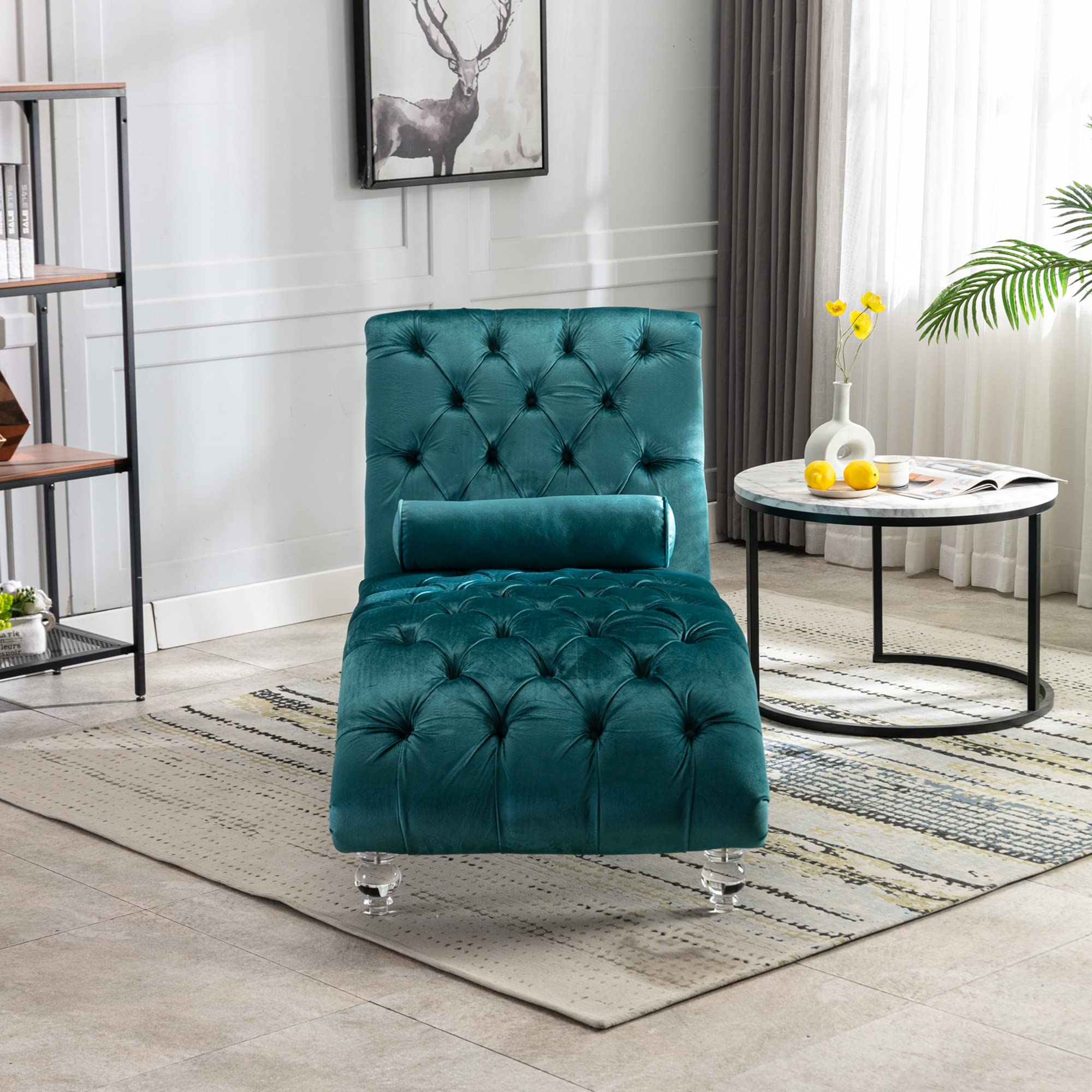 Modern Velvet Chaise Lounge Chair - Armless Sofa with Acrylic Legs, Teal Blue Accent Furniture for Living Room, Bedroom & Home Office Decor