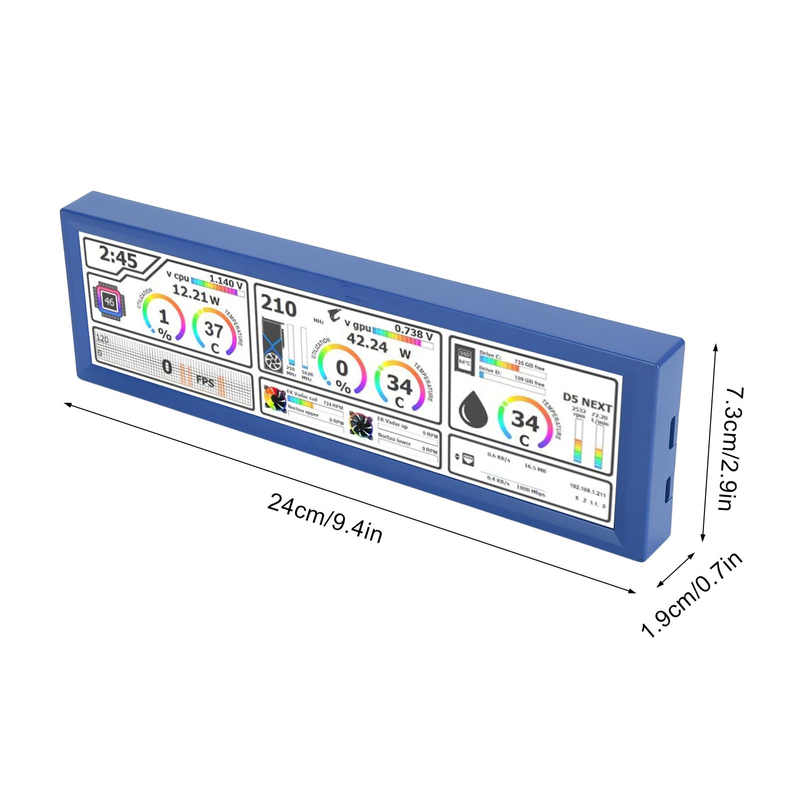 Zunate 8.8 Inch PC Temperature Monitor - Secondary Display with One-Touch Operation, USB Plug & Play, Mini HD Interface & HD IPS LCD Screen - Compatible with Raspberry Pi, Linux & Windows (Blue) - Perfect for PC Gaming, Office Work & Home Automation