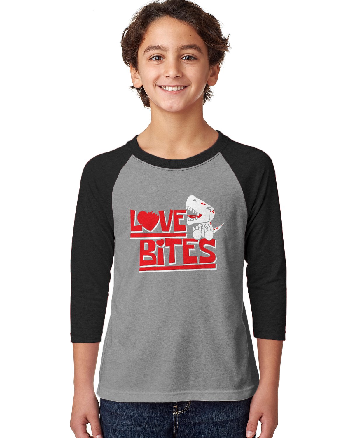 SpiritForged Apparel Love Bites Dinosaur Youth 3/4 Sleeve Raglan Tee - Cute Graphic T-Shirt for Kids & Toddlers - Perfect for Playdates, School & Family Outings