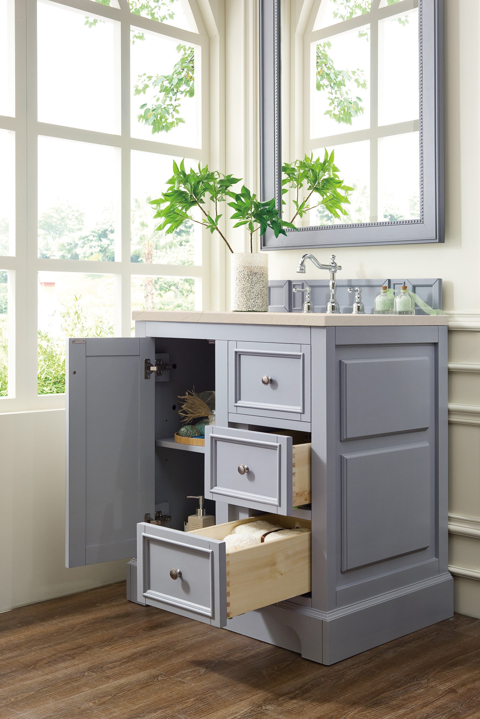 De Soto 30 Inch Single Bathroom Vanity with 3CM Eternal Marfil Quartz Top in Silver Gray - Modern Sink Cabinet for Small Bathrooms & Powder Rooms