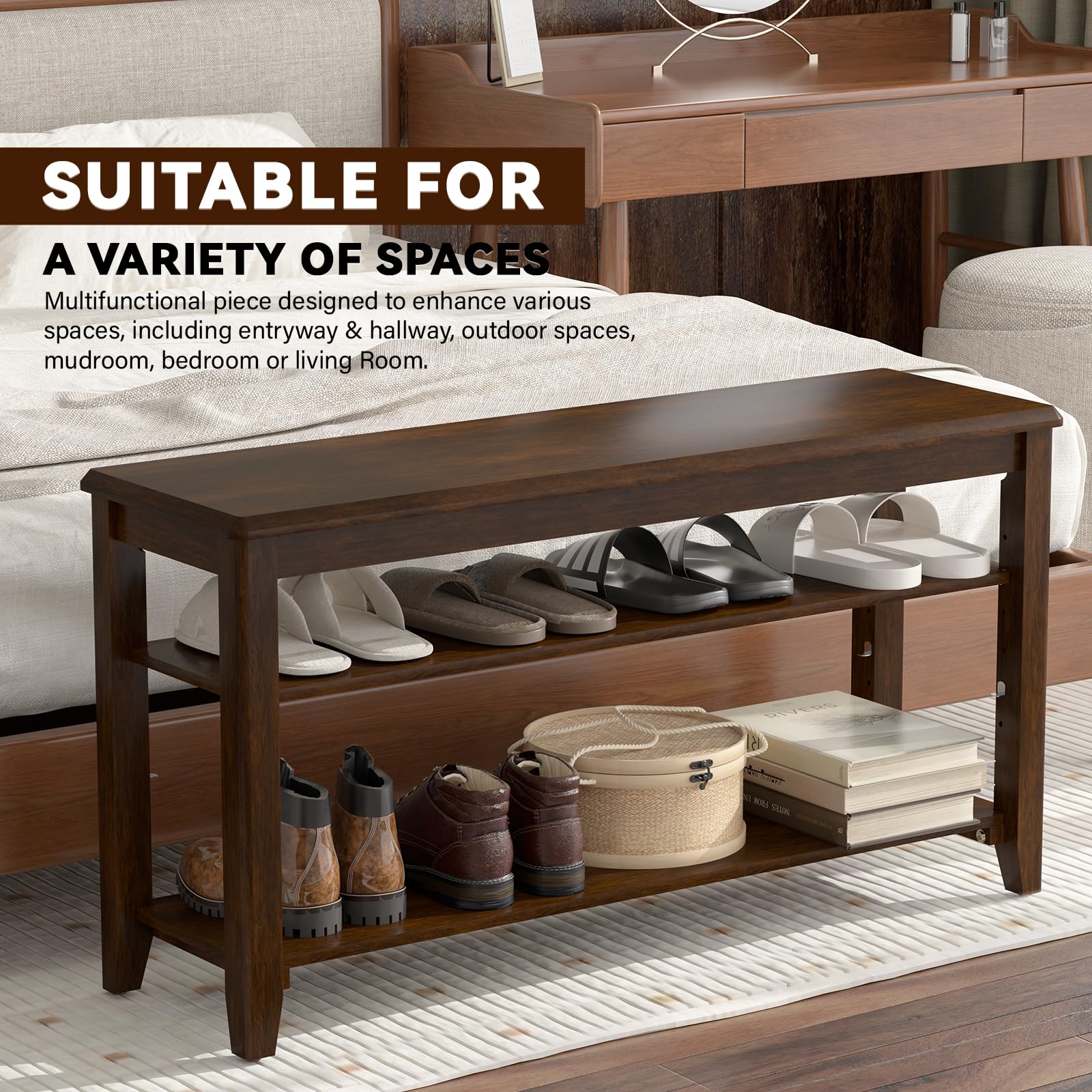 Rubberwood Shoe Bench with 3-Tier Adjustable Storage - 23.6