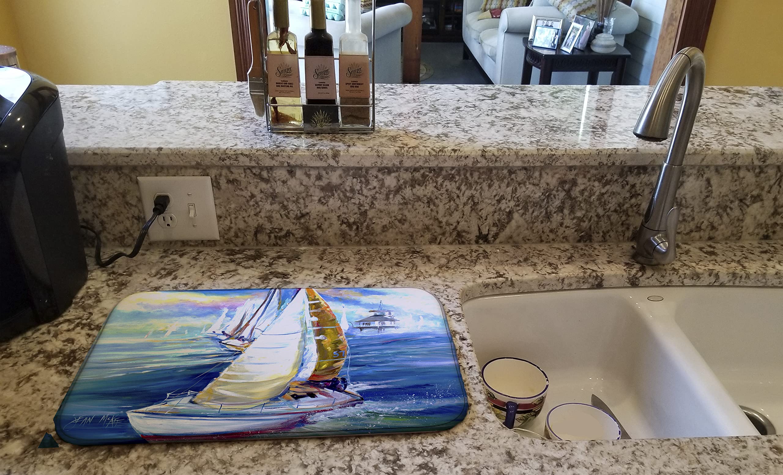Sailboat Dish Drying Mat - Absorbent Kitchen Counter Mat (14x21