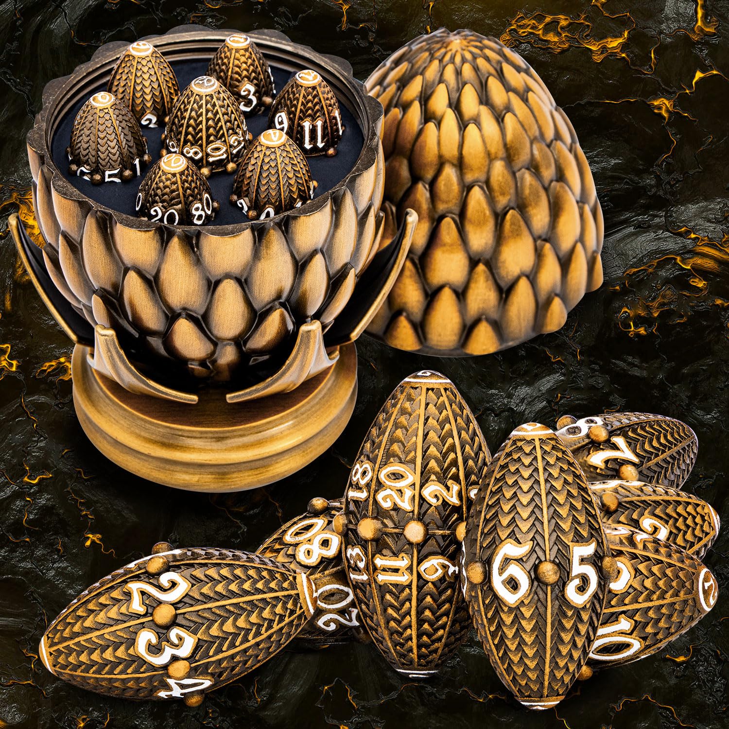 Premium ARUOHHA DND Metal Dice Set - Antique Gold Dragon Egg Design with Rotating Shell for Dungeons & Dragons RPG, D&D Polyhedral Dice (D20, D12, D10, D8, D6, D4) - Perfect for Tabletop Gaming, Collectors & Fantasy Roleplaying Adventures