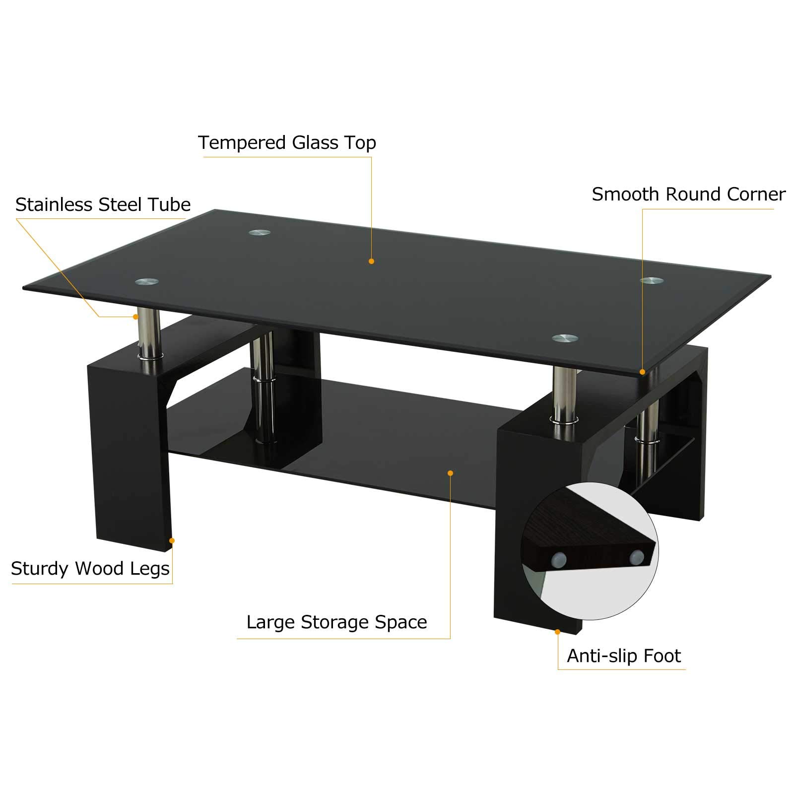 Upgraded Modern Black Glass Top Coffee Table with Storage Shelf - 43 Inch Rectangle Living Room Center Table with Wooden Legs - Perfect for Lounge, Sofa Side Table, and Home Decor