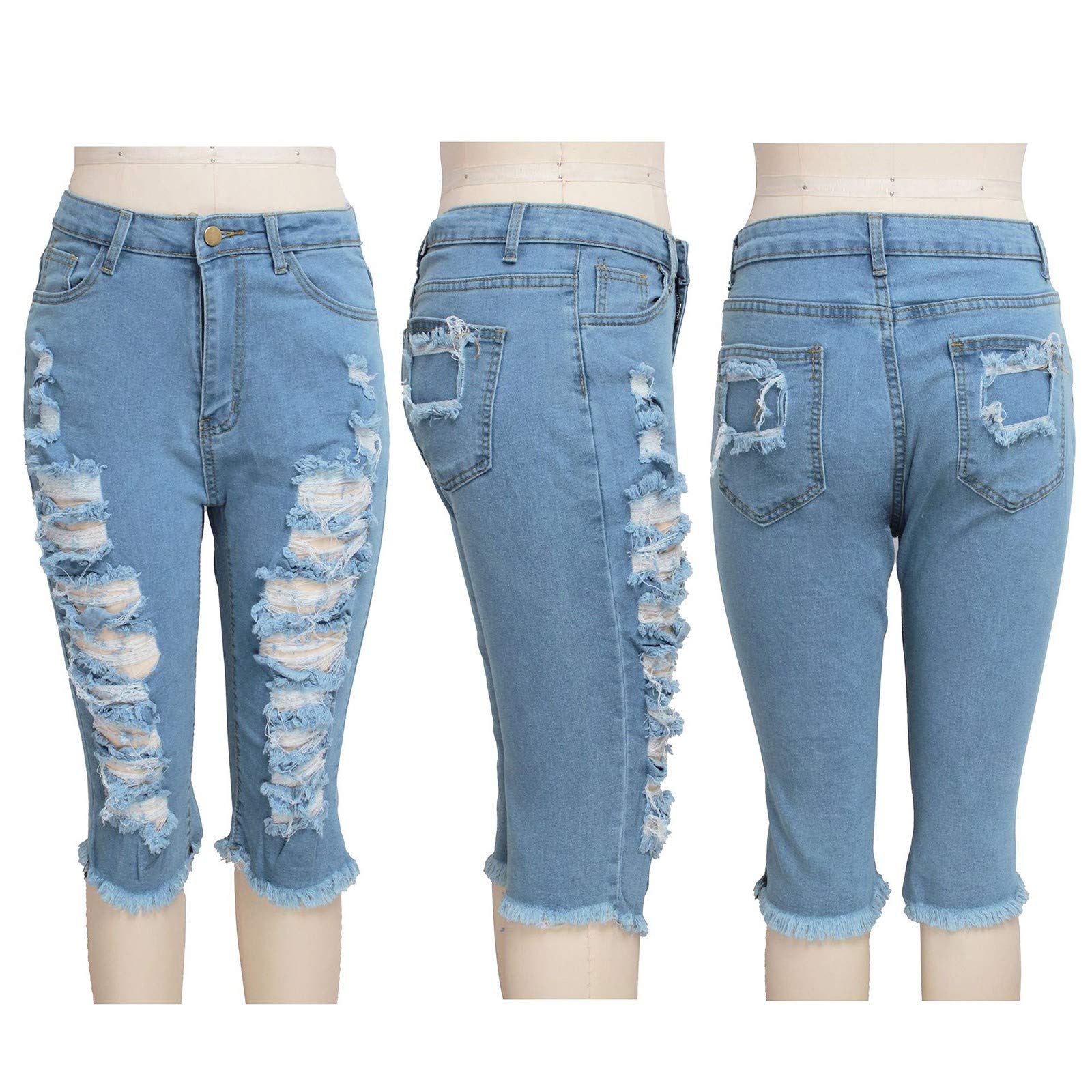 WUAI Women's Bermuda Denim Shorts - Knee Length Biker Shorts with Distressed & Ripped Details - Stretchy Plus Size Jeans Shorts for Curvy Fit - Perfect for Casual Wear, Summer Outfits & Beach Vacations