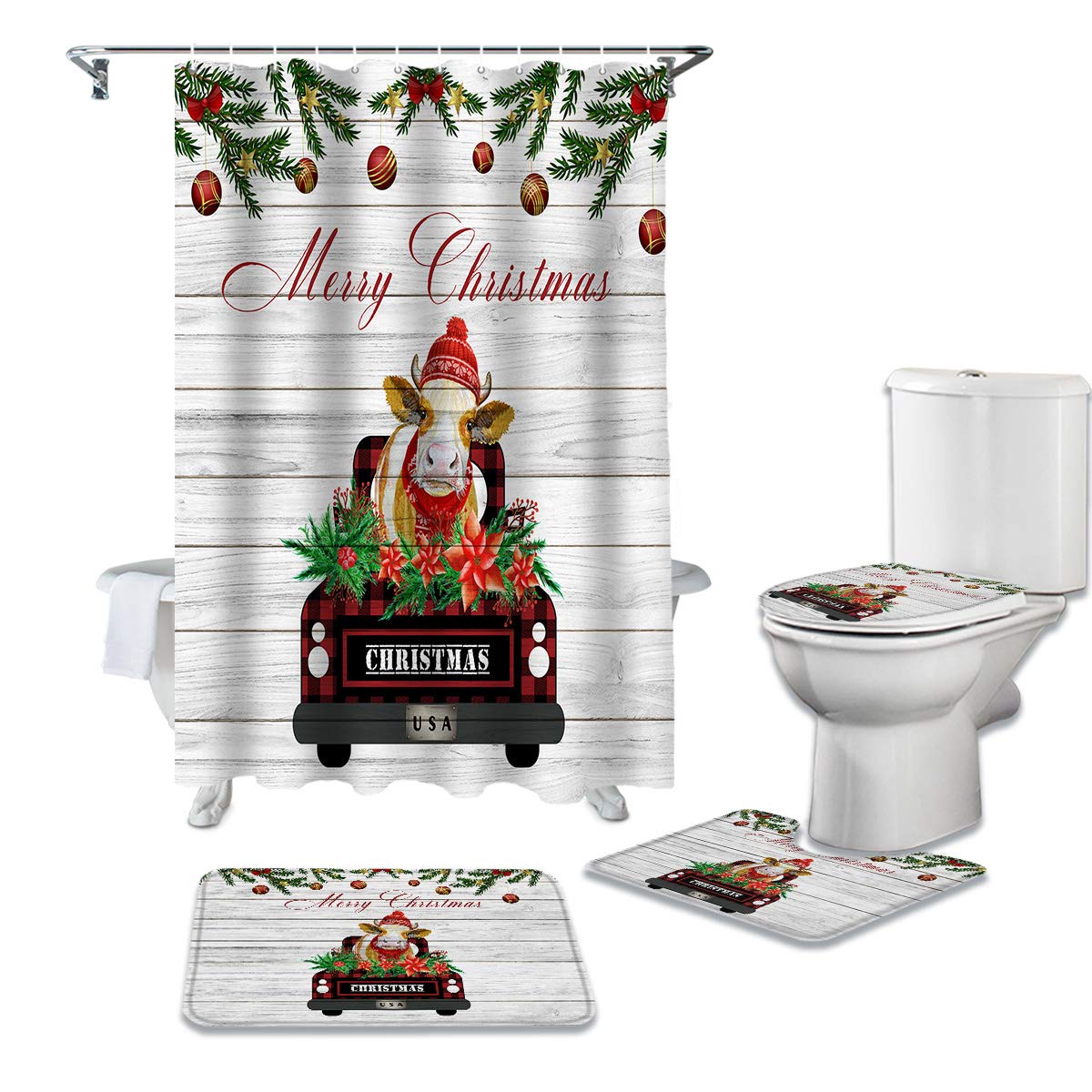 Farm Truck Bathroom Mat Set - Non-Slip Shower Rug & Toilet Cover for Rustic Decor