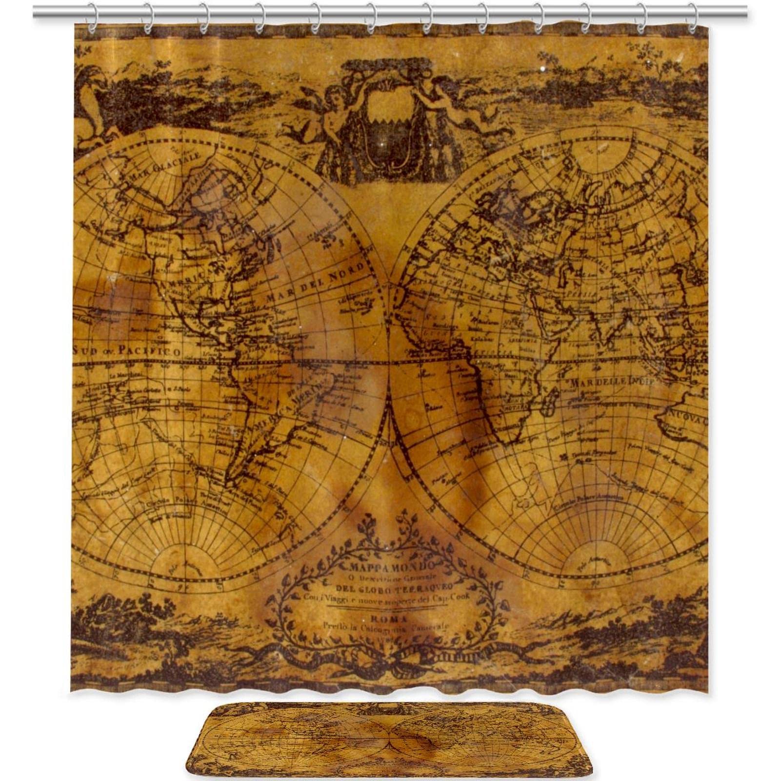 2-Piece Waterproof Bathroom Set with Vintage Map Shower Curtain & Non-Slip Rug - Washable Bathroom Decor Accessories for Home, Apartment, and Dorm Use
