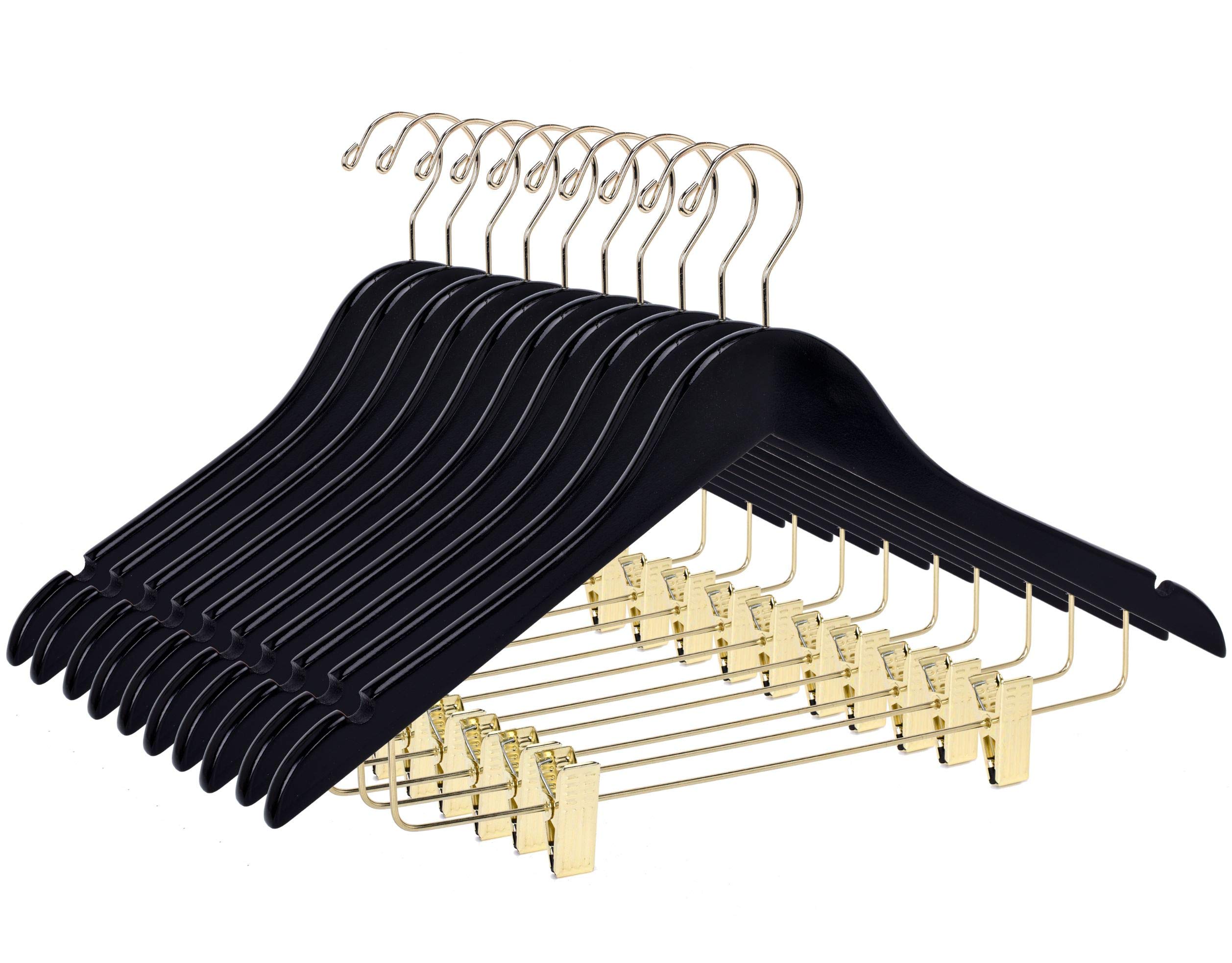 Premium Black Wooden Hangers Set - 20 with Bar, 10 Barless, 10 Clip & 10 Straight Clip Hangers - Gold Hook Luxury Closet Organizers for Jackets, Pants & Dresses - Perfect for Wardrobe, Retail & Boutique Display