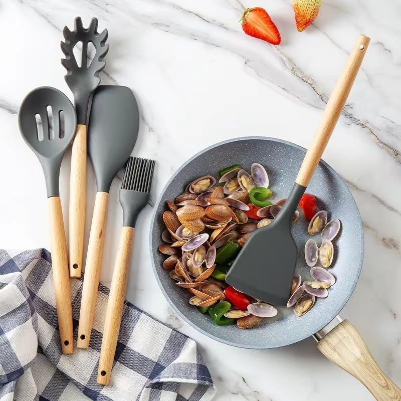 33-Piece Non-Stick Silicone Kitchen Utensil Set with Wooden Handles & Holder - BPA Free, Heat Resistant up to 446°F - Perfect for Cooking, Baking, and Serving - Ideal for Home Chefs & Professional Kitchens