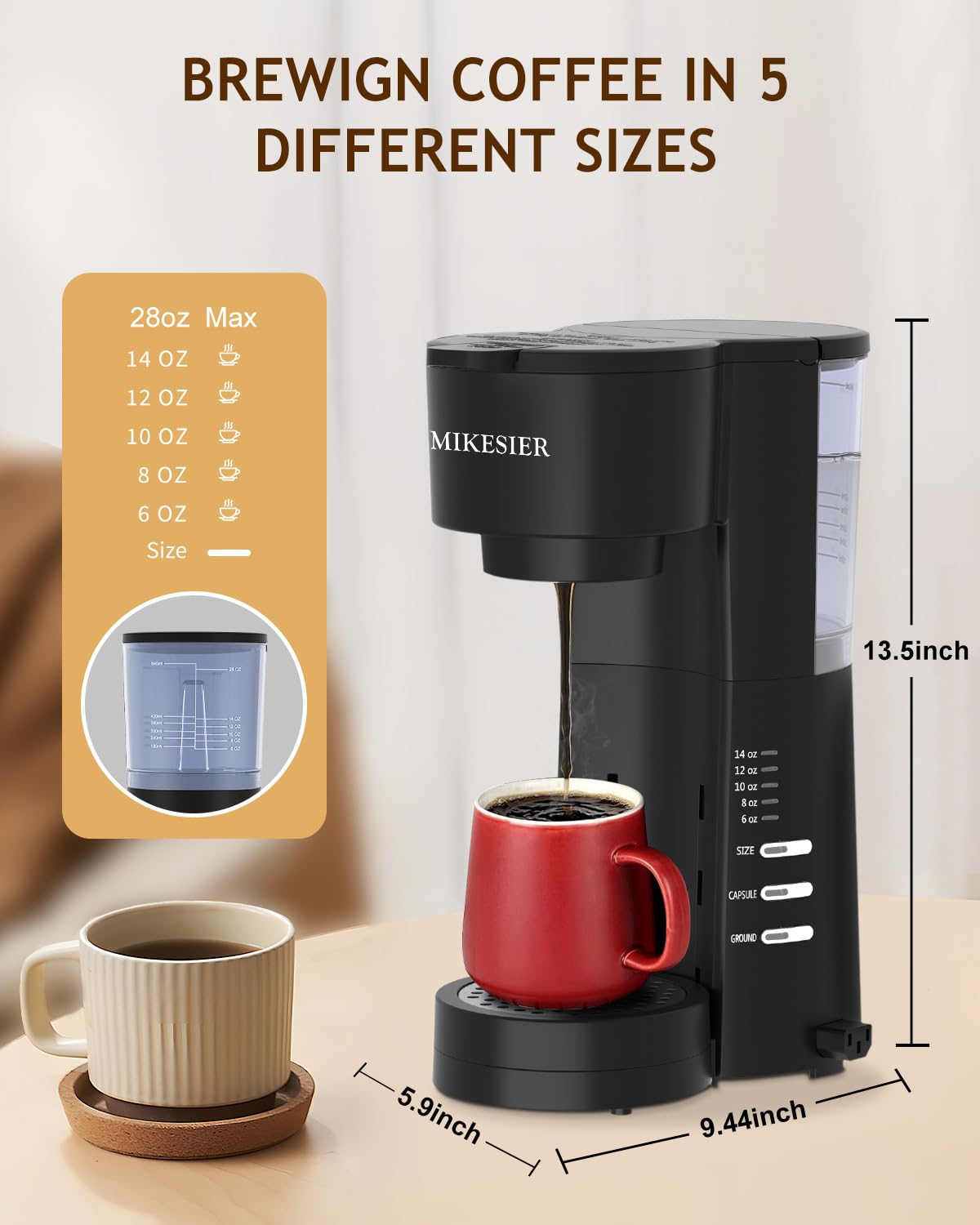 3-in-1 Single Serve Coffee Maker for K-Cups & Ground Coffee - Compact Espresso Machine with Milk Frother, 6-14oz Brew Size, 28oz Removable Water Tank, Adjustable Drip Tray - Perfect for Home, Office & Small Spaces