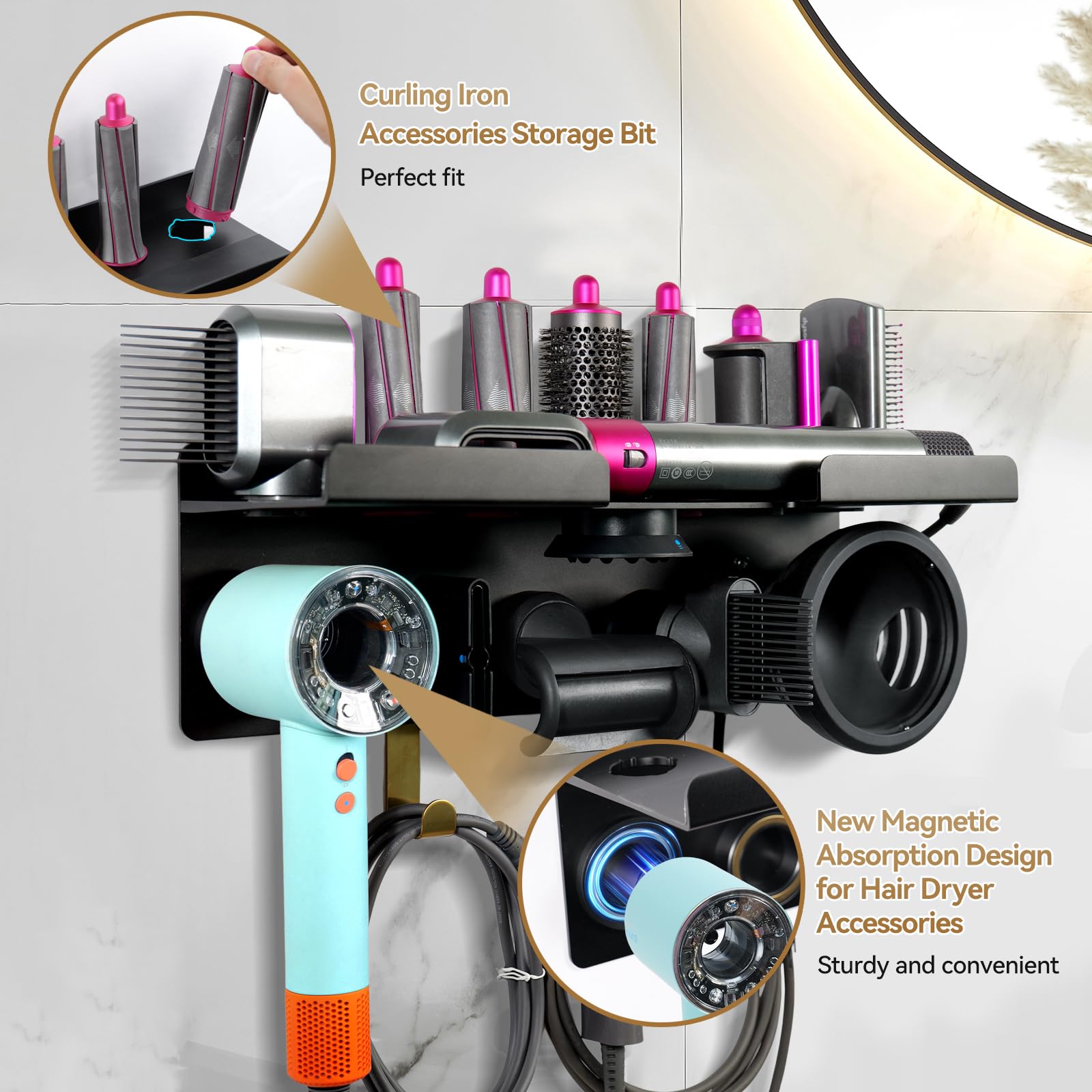 Dyson Airwrap Holder Wall Mounted - 2 in 1 Hair Dryer & Styler Organizer with Magnetic Hook for HD16 Dyson Airwrap | Bathroom Storage Solution for Hair Tools, Curling Irons & Accessories
