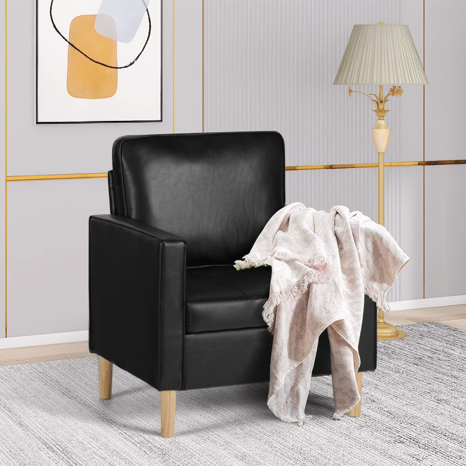 AILEEKISS Modern Single Sofa Chair - Mid-Century Faux Leather Upholstered Accent Armchair for Small Spaces, Living Room, Apartment, Dorm & Office - Compact Comfortable Seating for Relaxing, Reading or Working (Black)