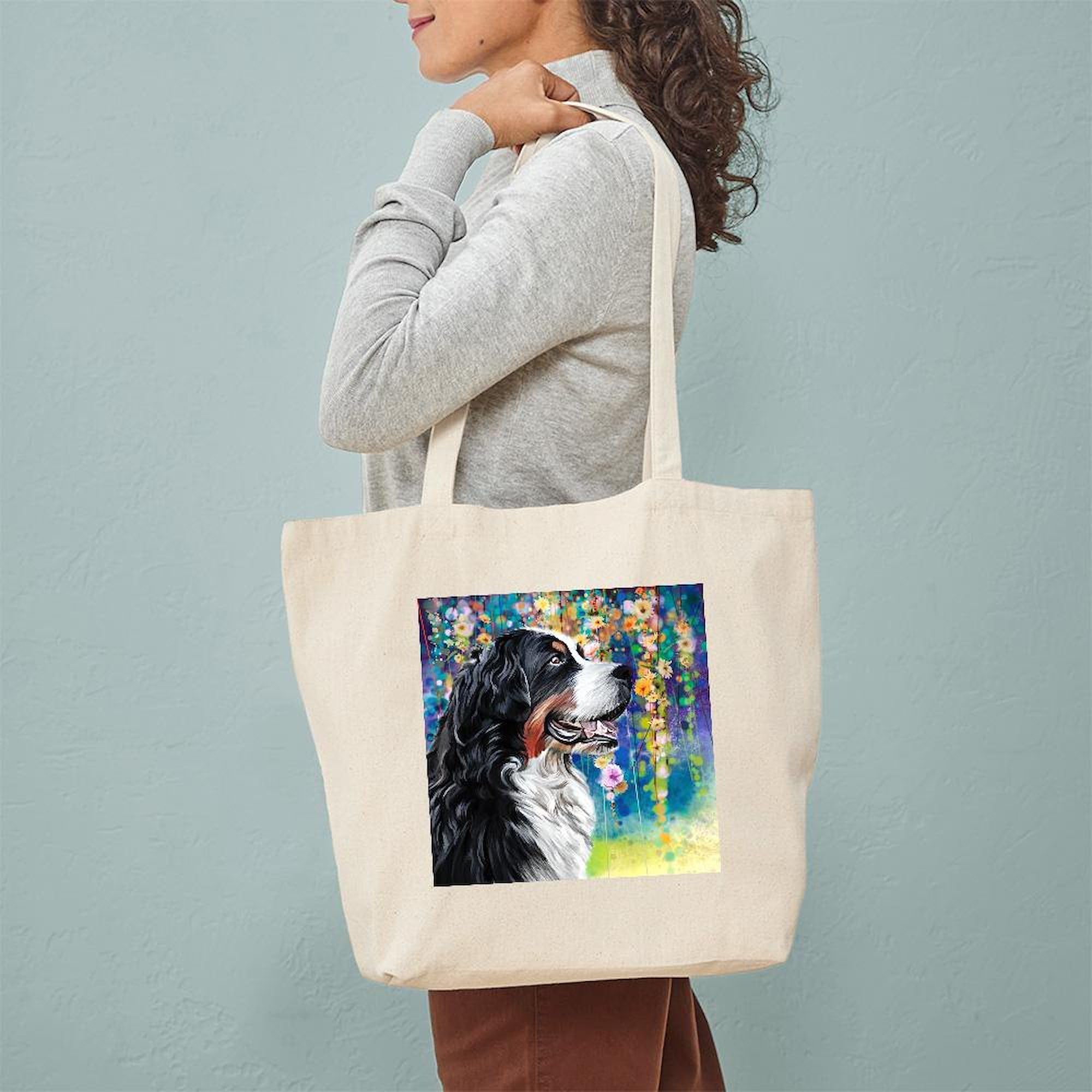Bernese Mountain Dog Painting Tote Bag - Natural Canvas Reusable Shopping Bag for Groceries, Beach & Daily Use | Eco-Friendly Cotton Tote with Art Print