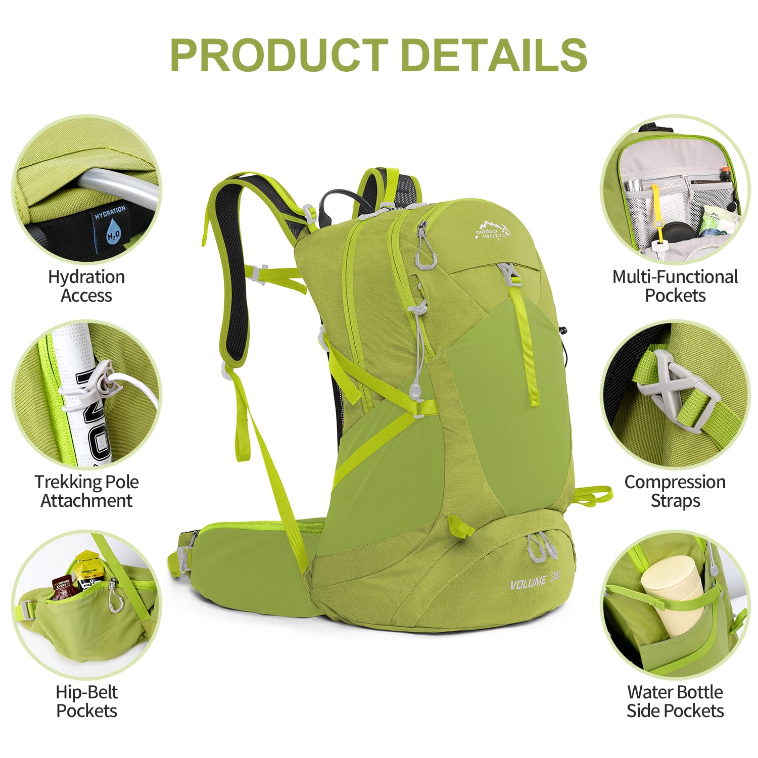**35L Waterproof Hiking Backpack with 3L Hydration Bladder & Rain Cover - Lightweight Daypack for Camping, Trekking & Outdoor Adventures - Durable Travel Backpack for Men & Women (Fruit Green)**    **Usage Scenarios:** Perfect for day hikes, camping trips, mountain climbing, travel, and outdoor sports.