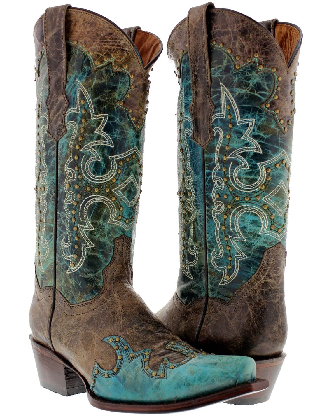 Women's Katy Baby Turquoise Western Leather Cowboy Boots with Studded Snip Toe - Perfect for Country Music Festivals, Rodeos & Western Fashion Outfits