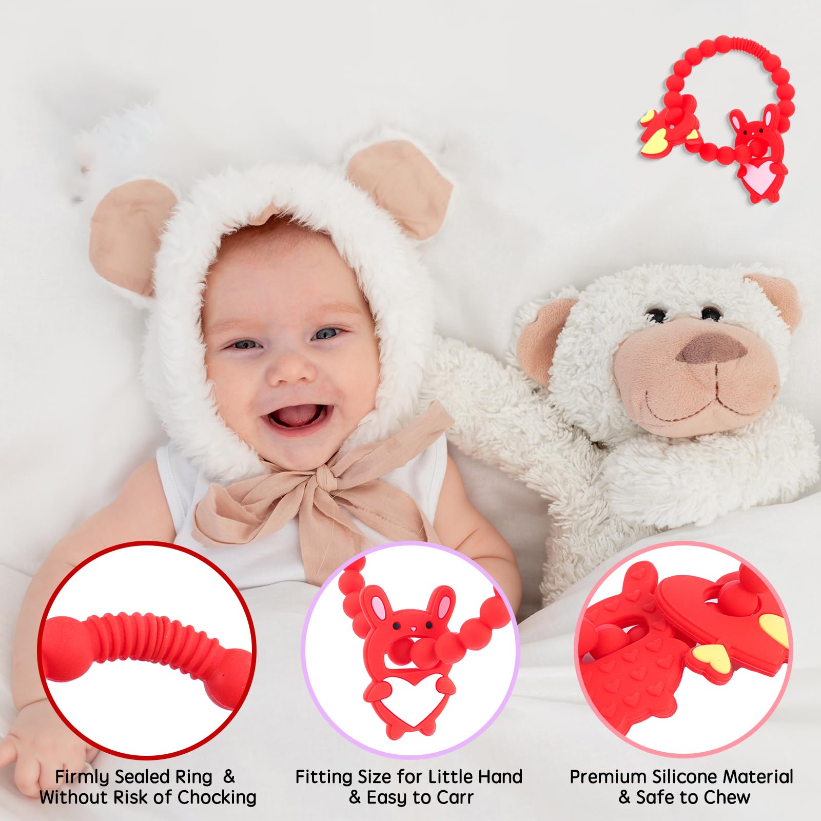 Valentine's Day Baby Teething Toys - Silicone Teethers for 0-6 Months, Easy-Grip Cupid & Heart Rabbit Design, Perfect for Valentine's Gifts & Soothing Sore Gums During Teething