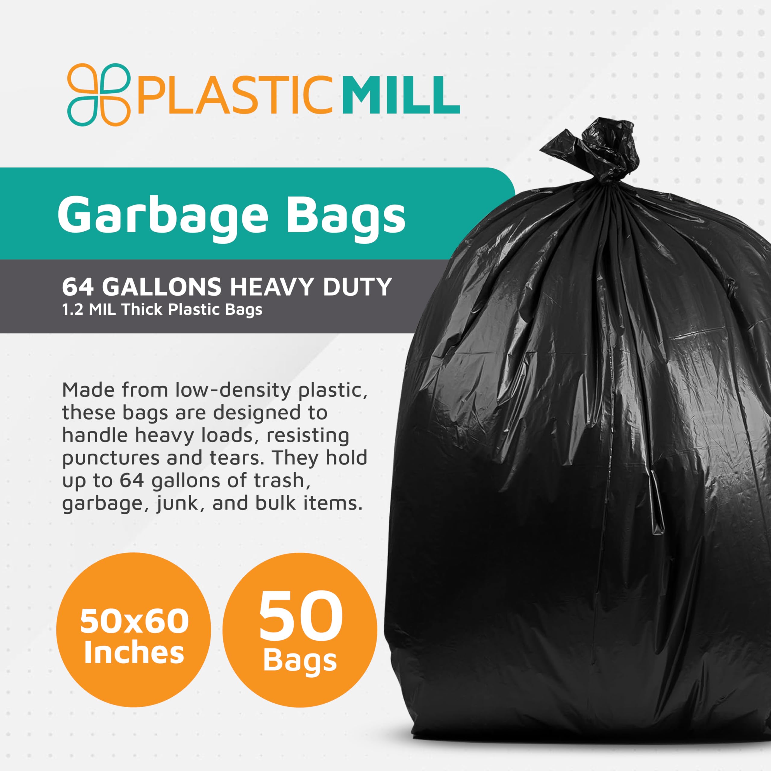 PlasticMill Heavy Duty 64-Gallon Trash Bags - 1.2 Mil Thick Large Kitchen Garbage Bags (50
