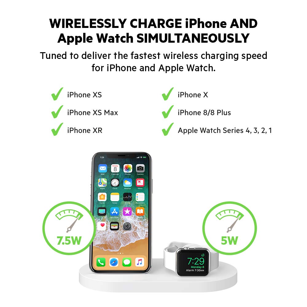 Belkin Boost Up 3-in-1 Wireless Charging Dock for iPhone 12/13/14/15 Pro Max & Apple Watch Series 9/8/7/SE - Fast Qi Charger with USB-A Port - White | Perfect for Bedside, Office & Travel Charging Station