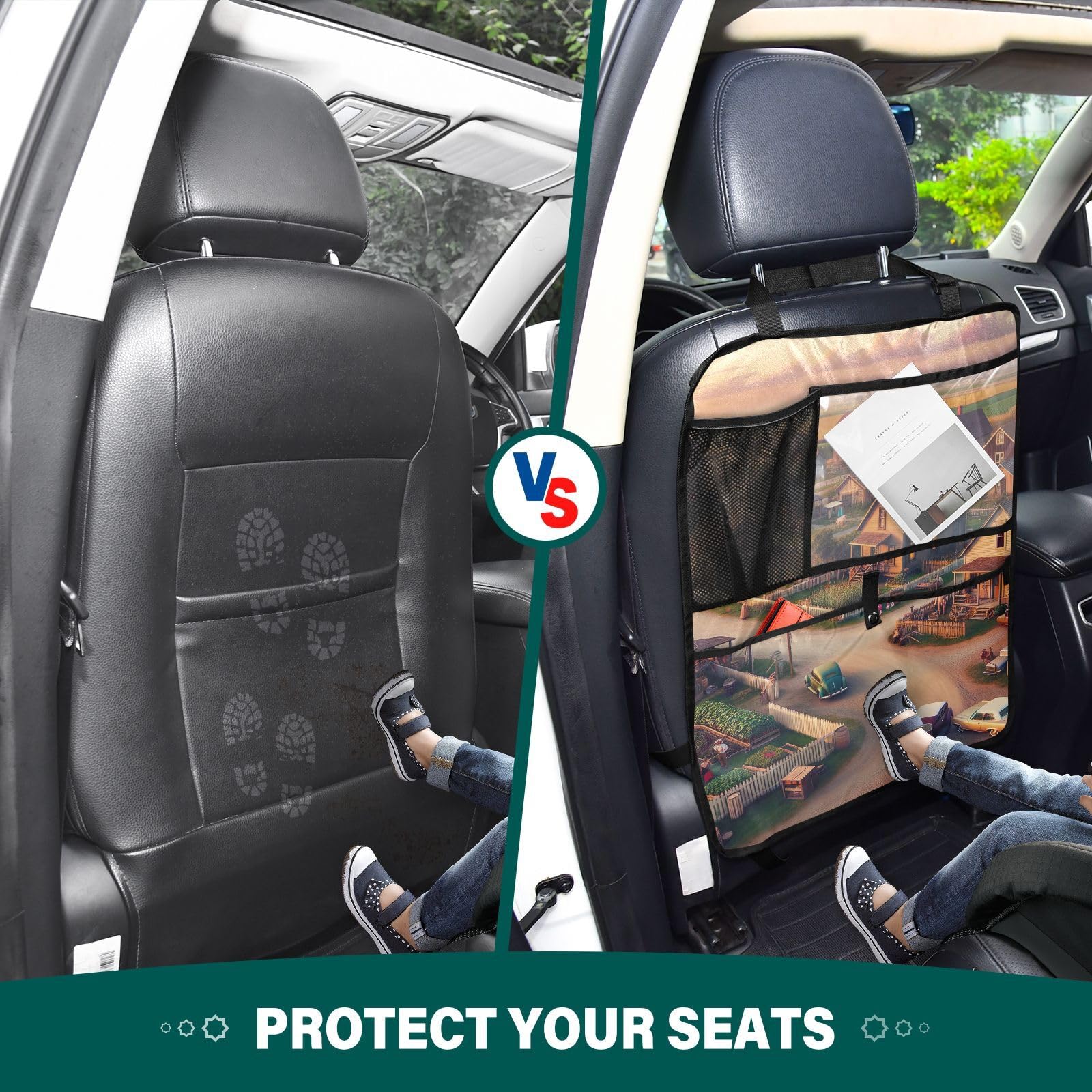 ODAWA Small Town Life House and Cars Farm Car Seat Cover Back - Universal Car Seat Organizer for SUV, Truck & Minivan - Perfect for Road Trips, Family Travel & Daily Commute